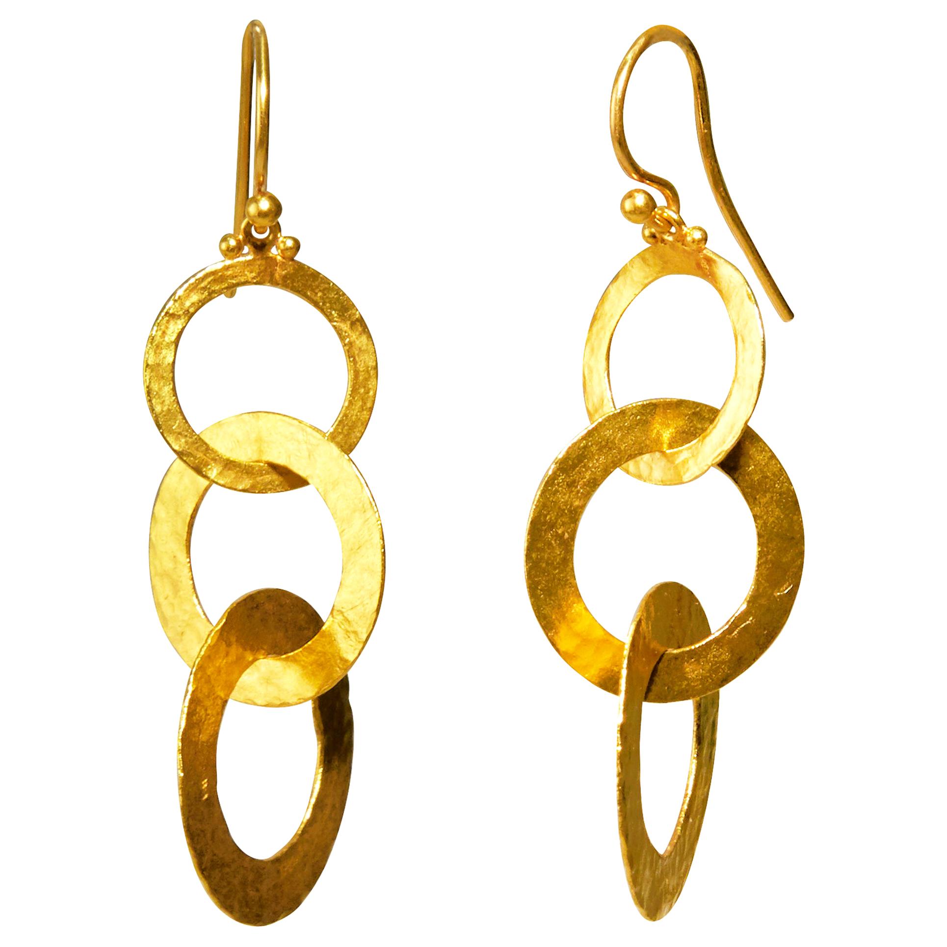 GURHAN 24 Karat Hammered Yellow Gold Triple Round Link Dangle Earrings For Sale