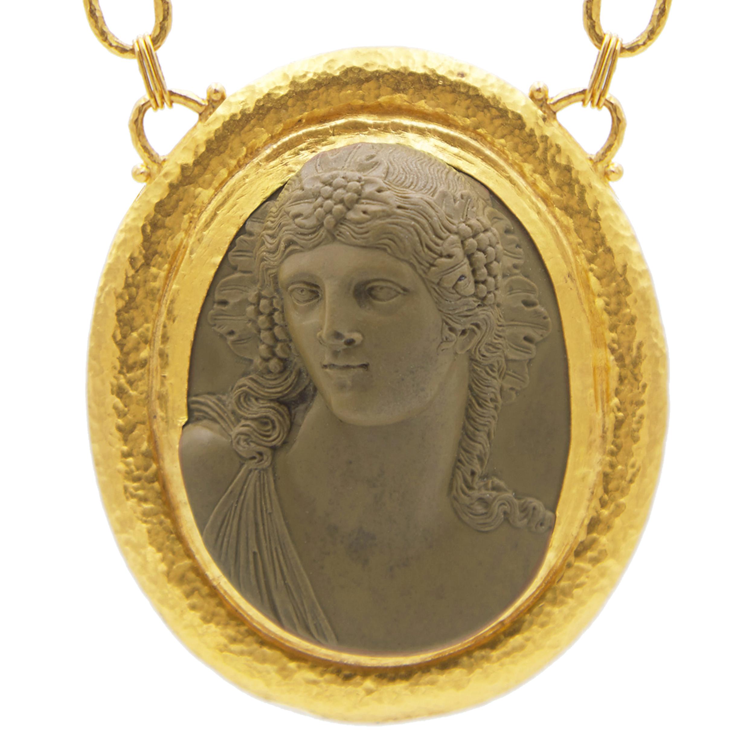 GURHAN one-of-a-kind 46x38mm carved oval brown Victorian Pompeii lava cameo pendant set in 24 Karat hammered yellow gold. 18