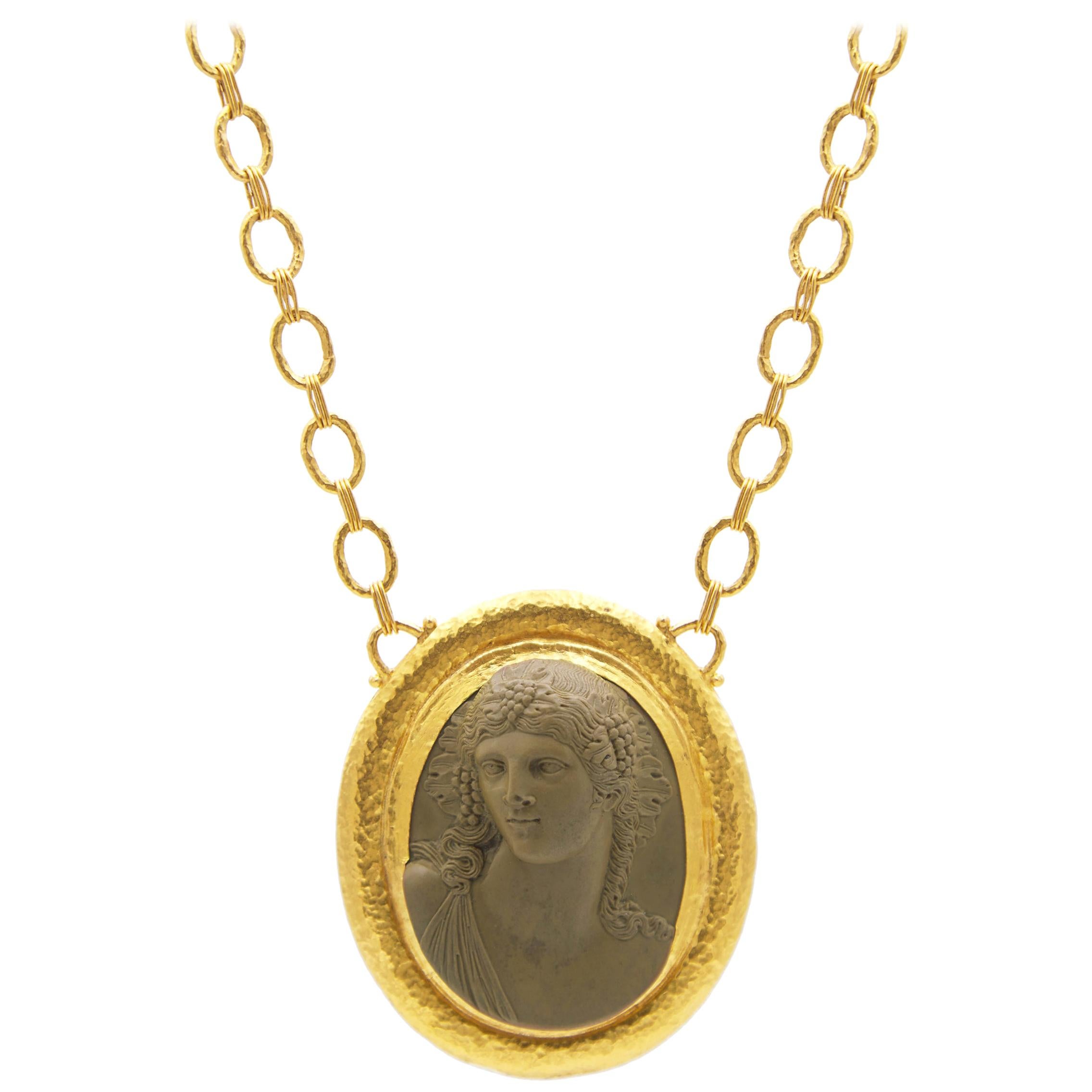 GURHAN 24 Karat Hammered Yellow Gold Lava Cameo Pendant Necklace For Sale