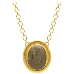24 Karat Hammered Gold Victorian Pompeii Lava Cameo Pendant Necklace