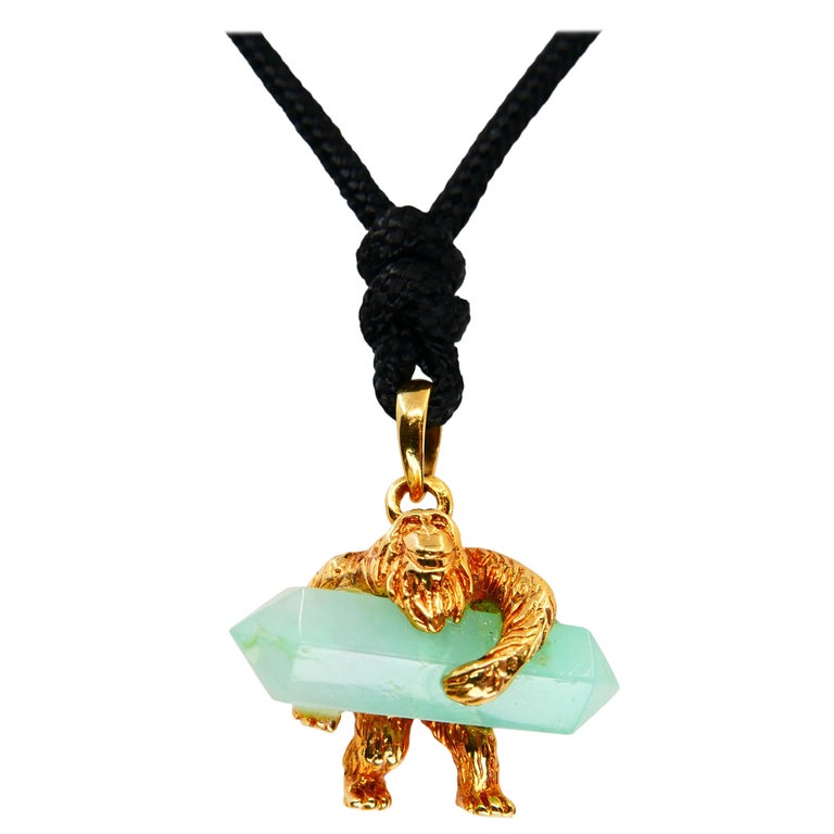 24 Karat Pure Gold and Green Crystal Gorilla Pendant Necklace, 9999 Yellow Gold For Sale