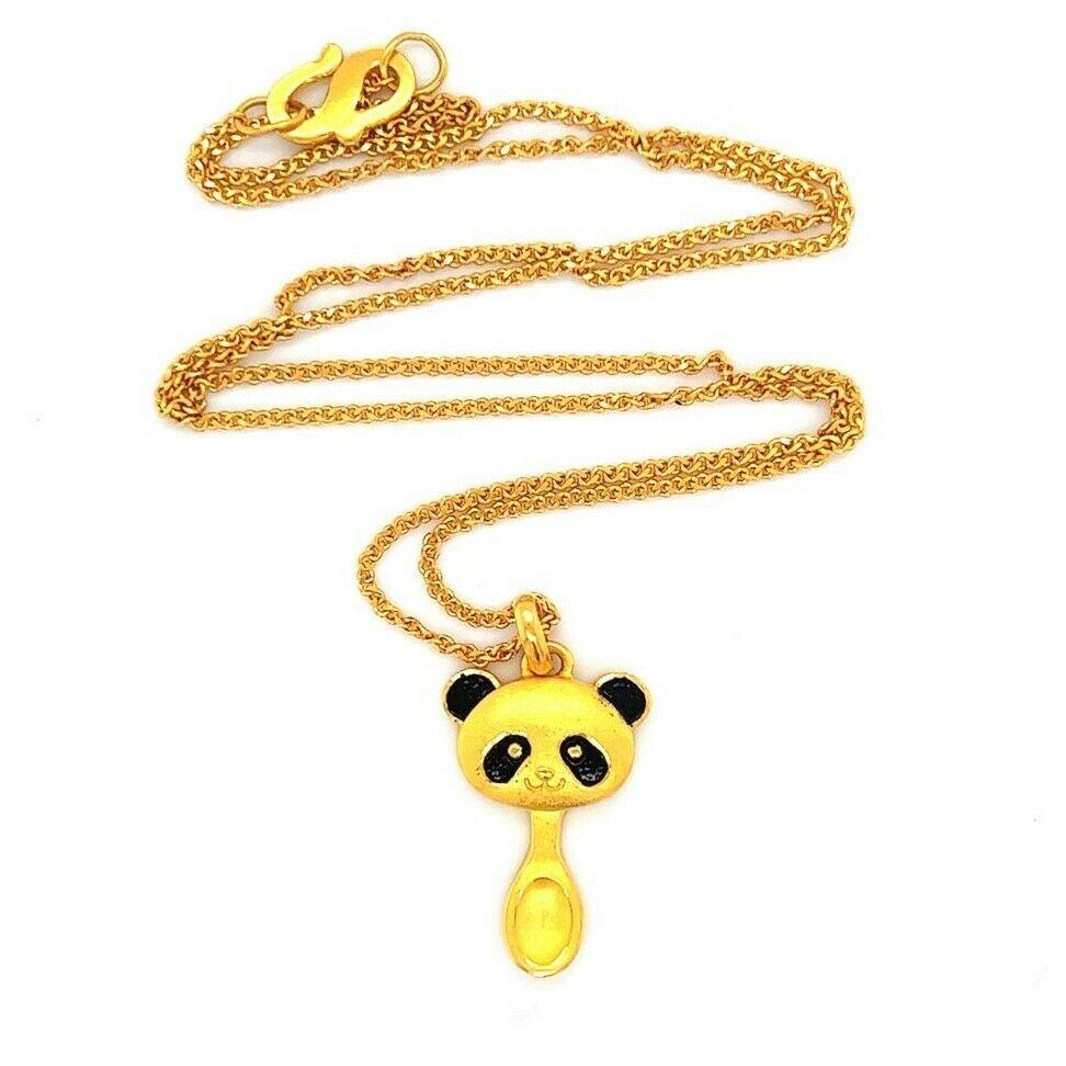 24k Pure Yellow Gold and Black Enamel Panda Baby Spoon Pendant Necklace 16.5