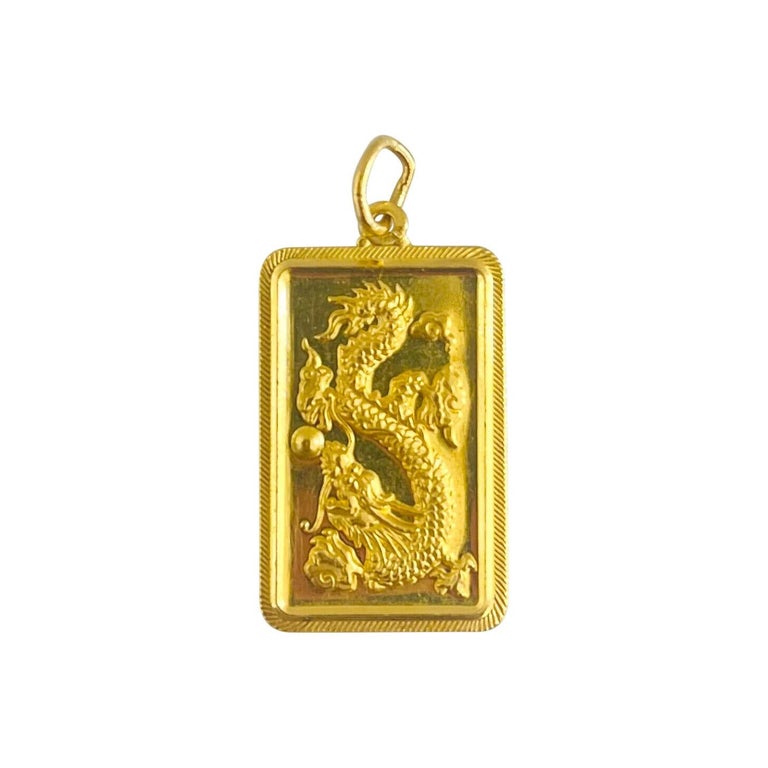 24 Karat Pure Yellow Gold Asian Dragon Bar Pendant
