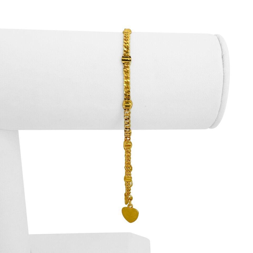 24k reines Gelbgold 6g Diamantschliff Curb Link Station Armband mit Herz 6,75