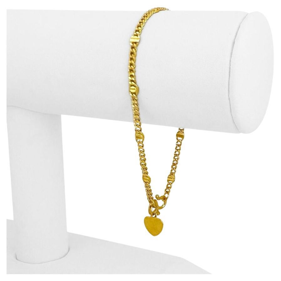 24 Karat Pure Yellow Gold Diamond Cut Curb Link Station Bracelet with Heart 