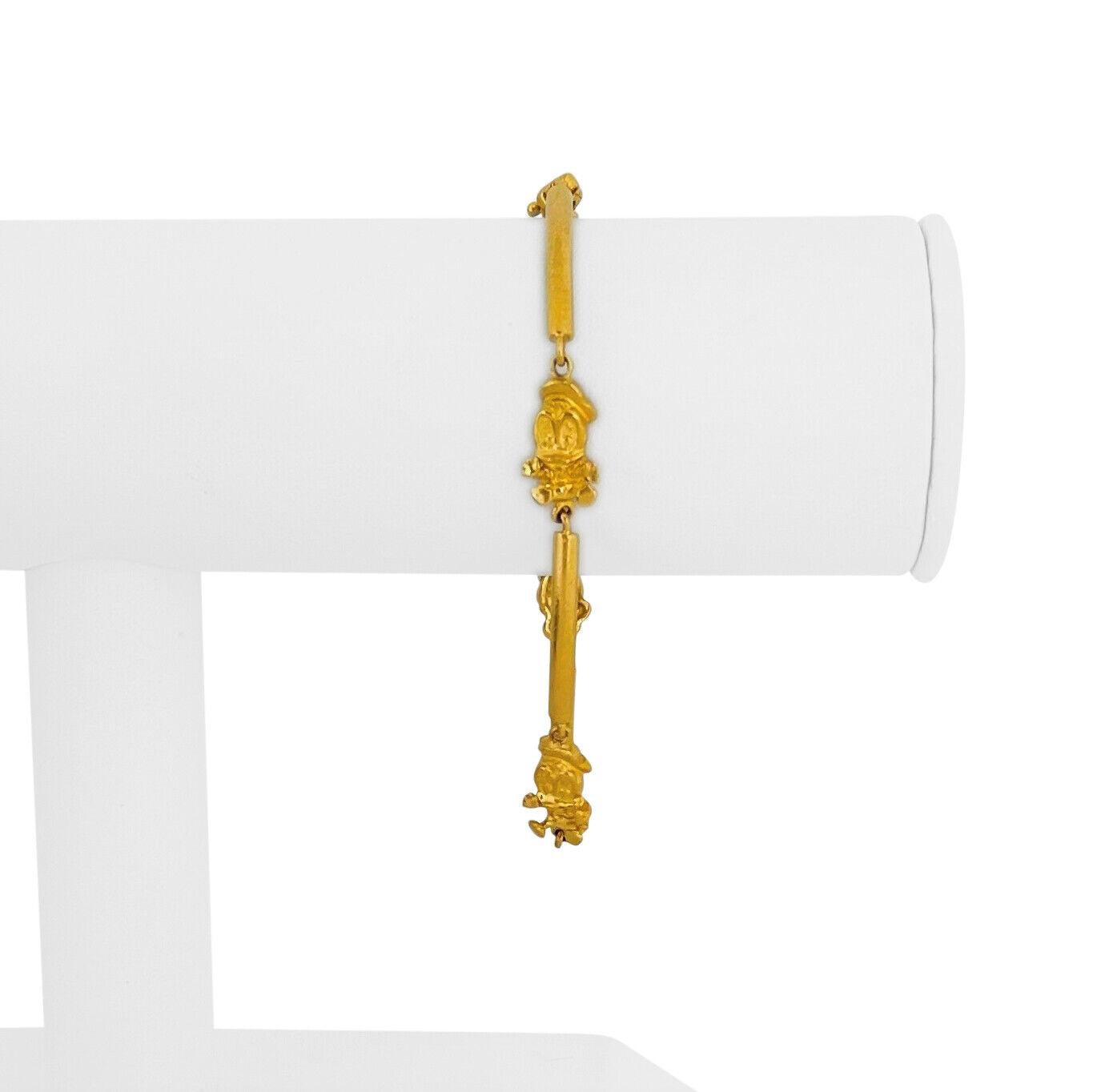 24k Pure Yellow Gold 14.5g Solid Disney Donald Duck Charm Bar Link Bracelet 7