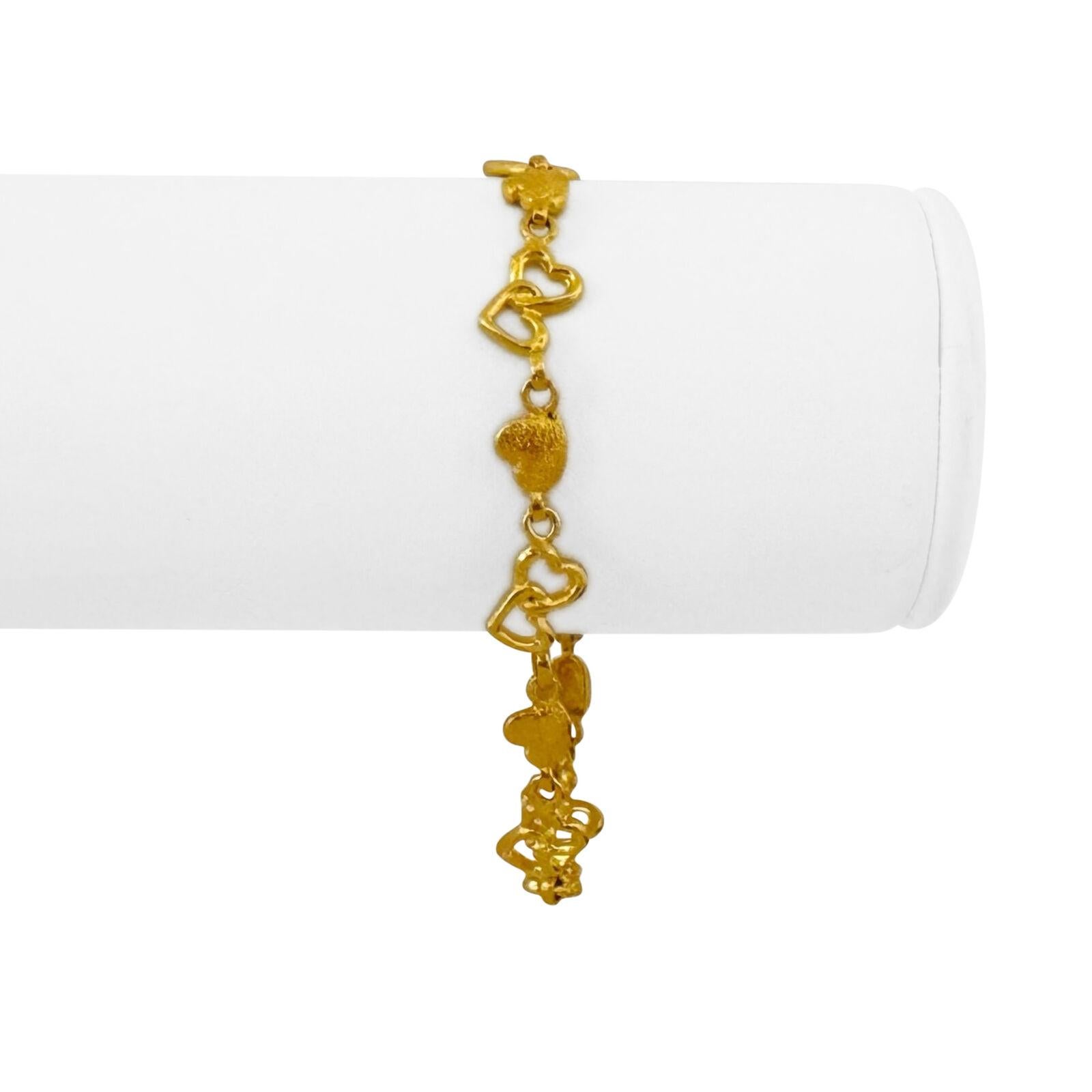 24k reines Gelbgold 11,2g solide Damen 8,5 mm Herz-Link-Armband 7