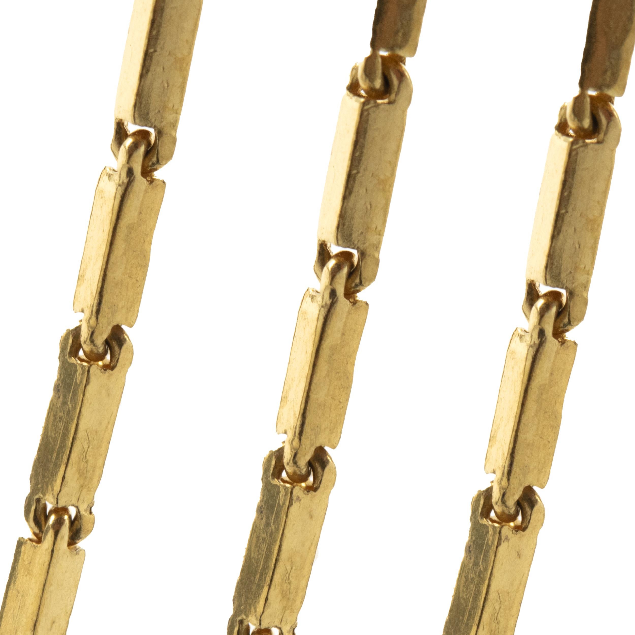 Material: 24K yellow gold
Dimensions: necklace measures 19-inches in length, 1.3mm wide
Weight: 7.39 grams

