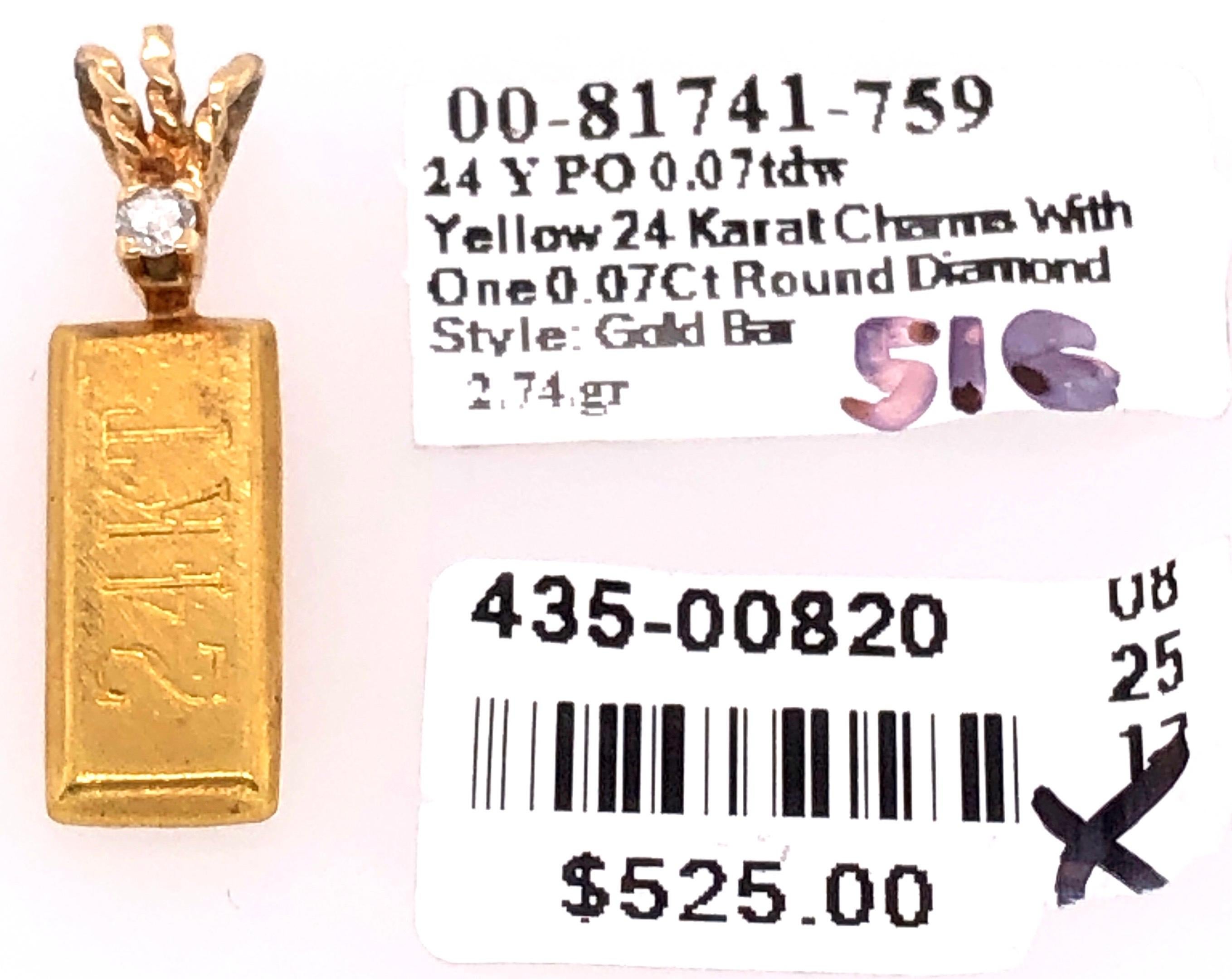 Modern 24 Karat Yellow Gold Charm Gold Bar Pendant with Round Diamond 0.07 TDW
