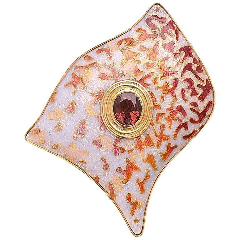 24 Karat Yellow Gold Cloisonné Enamel Tourmaline Brooch For Sale at 1stDibs