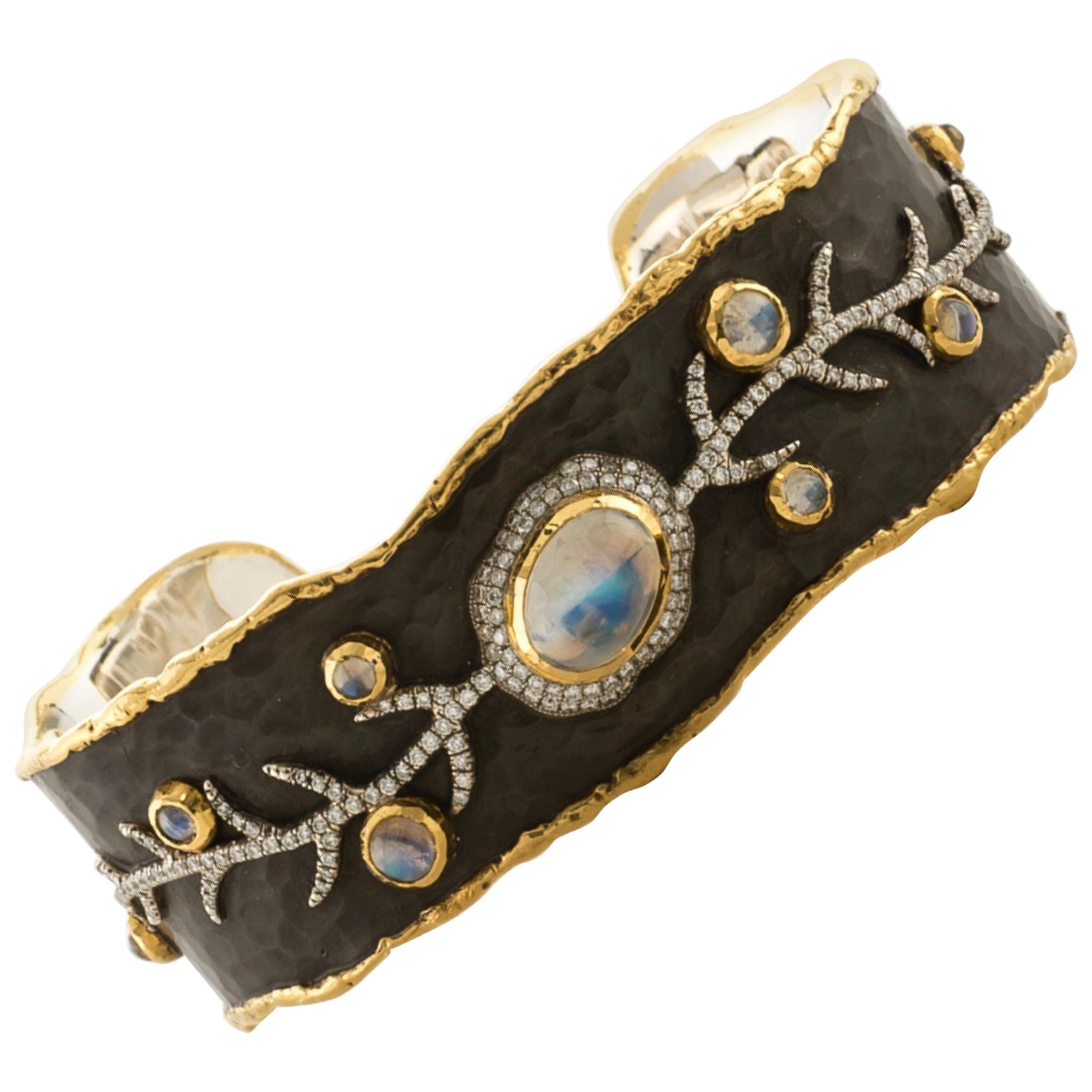 Victor Velyan 24K Yellow Gold Cuff with Moonstone and Diamonds 