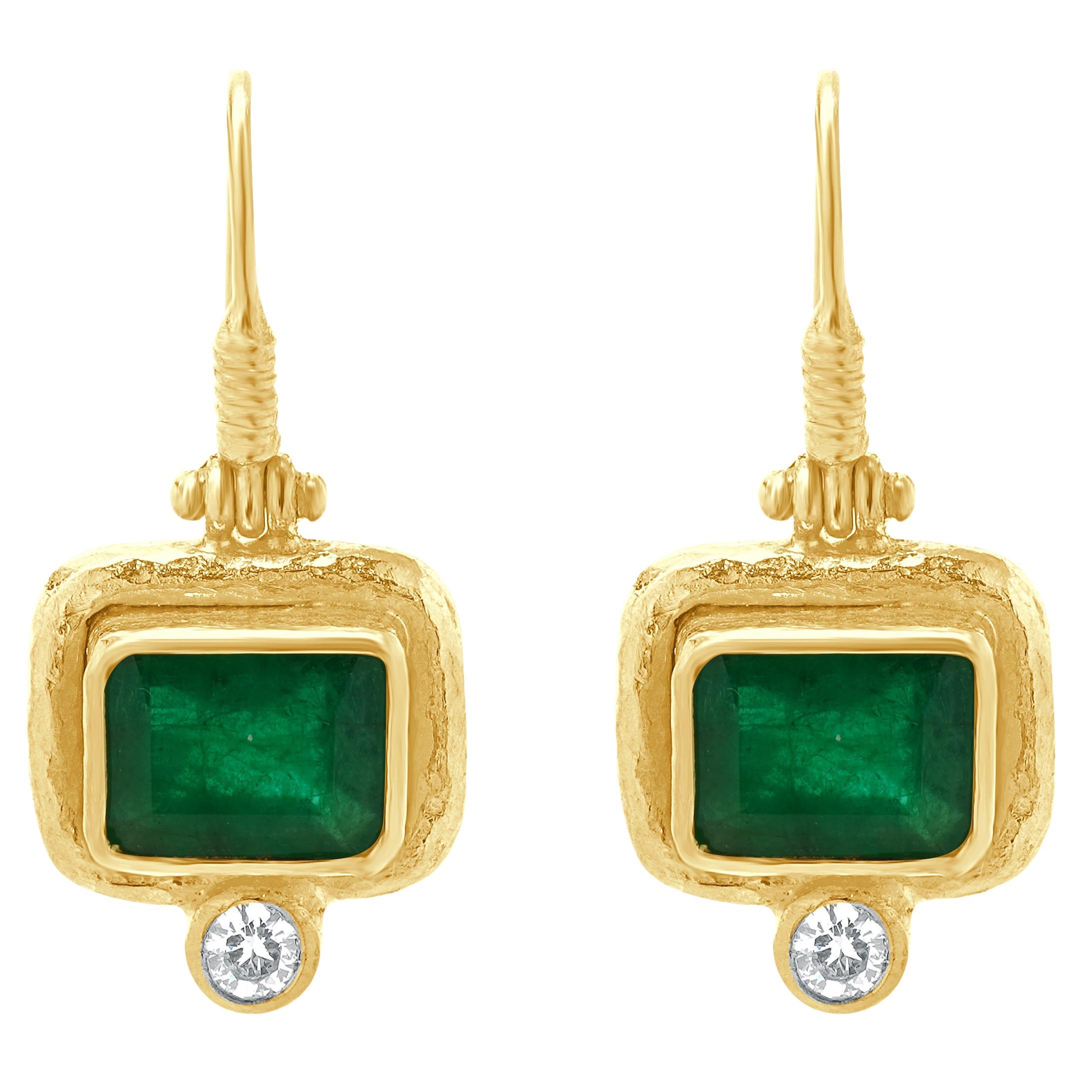 24 Karat Yellow Gold Emerald and Diamond Drop Earrings