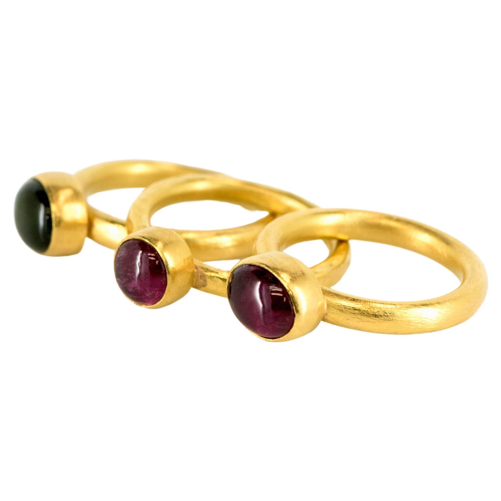 24 Karat Yellow Gold Green and Pink Tourmaline Stackable Rings  For Sale