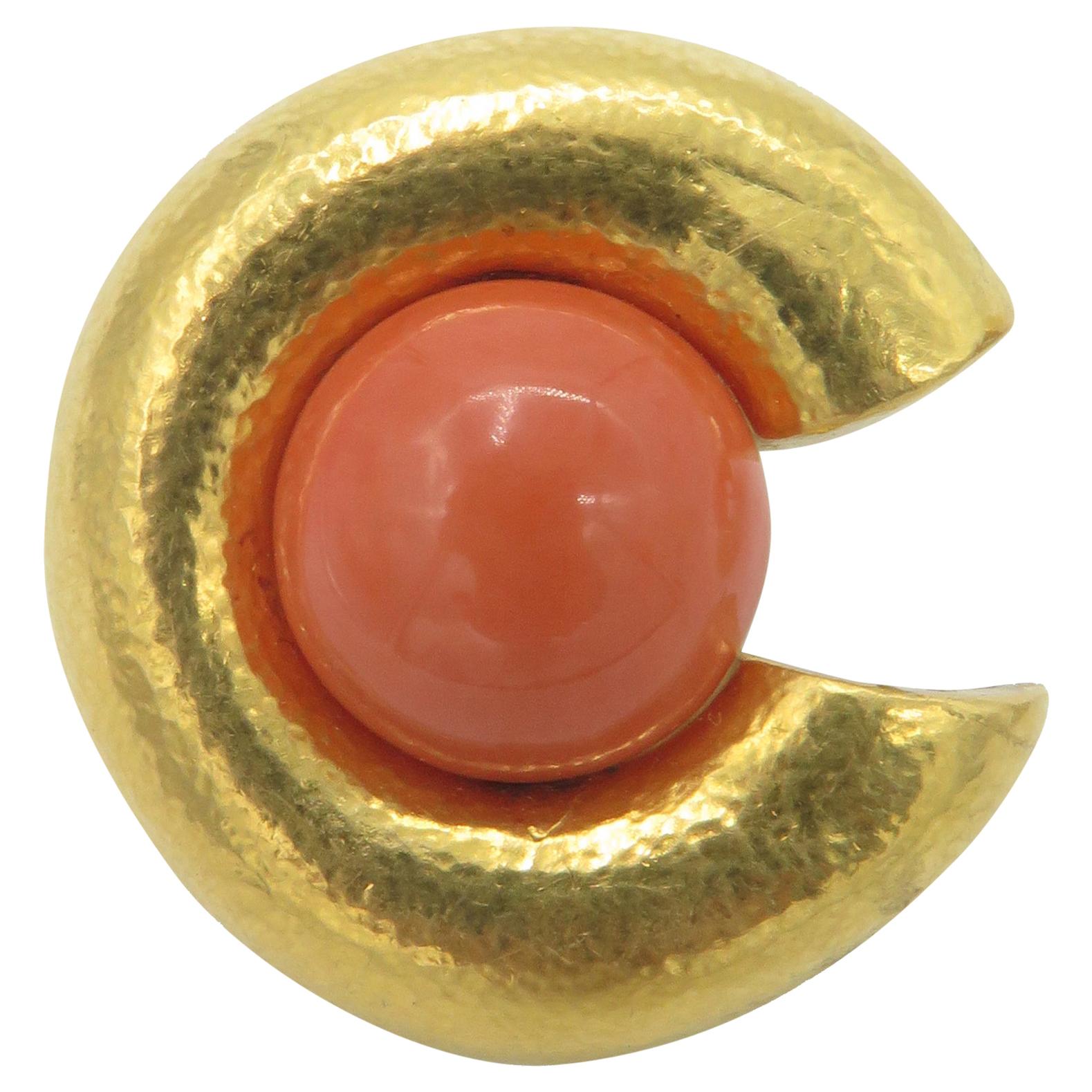 24 Karat Zolotos Yellow Gold Earrings with a Coral at Center For Sale