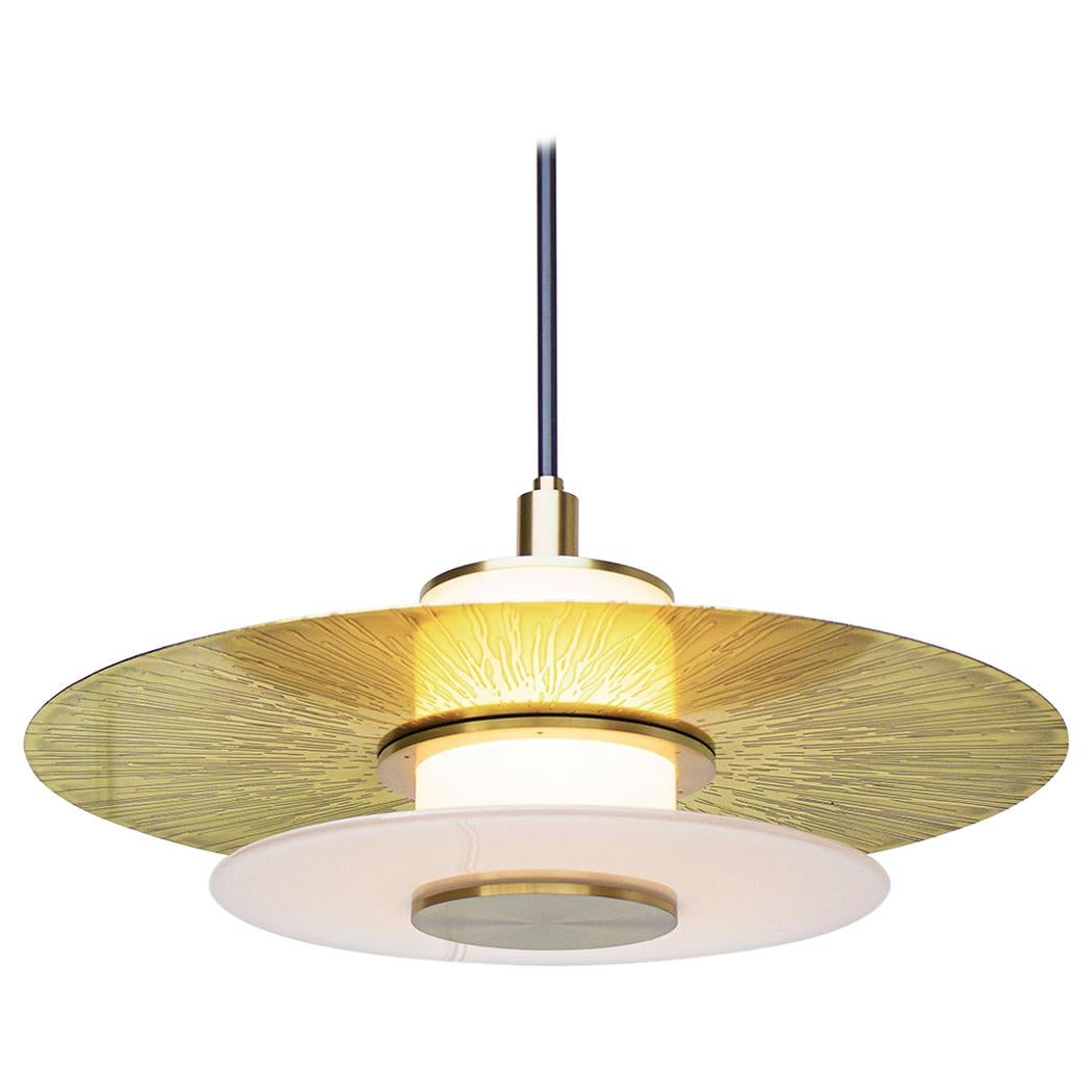 24" Klein Pendant with Milk Glass, Etched and Polished Shade and Satin Brass For Sale