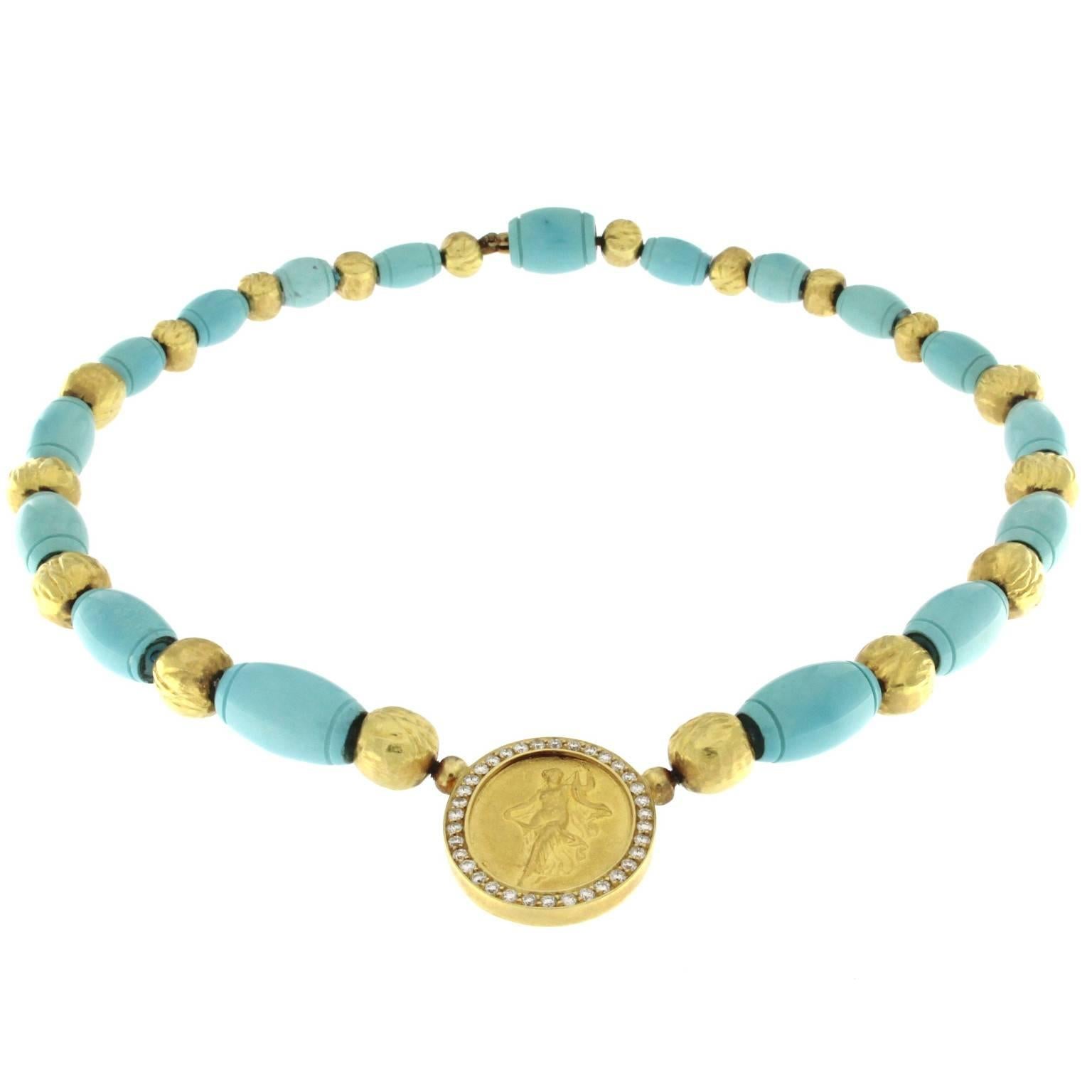 24 kt gold lily necklace and turquoise paste
Precious nugget processing on the interlayers that intersperse the degradé elements made of turquoise paste
The centre depicts a beautiful nymphaeum surrounded by a pavè of diamonds that enhances it
Total