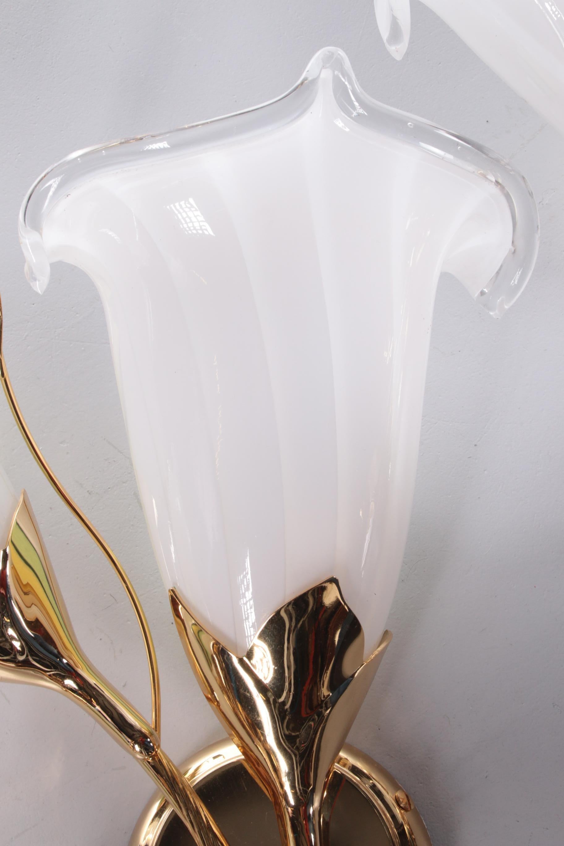 Late 20th Century Tulip Glass Wall Lamps Italian Design 24 ct Gold plate  1970 For Sale