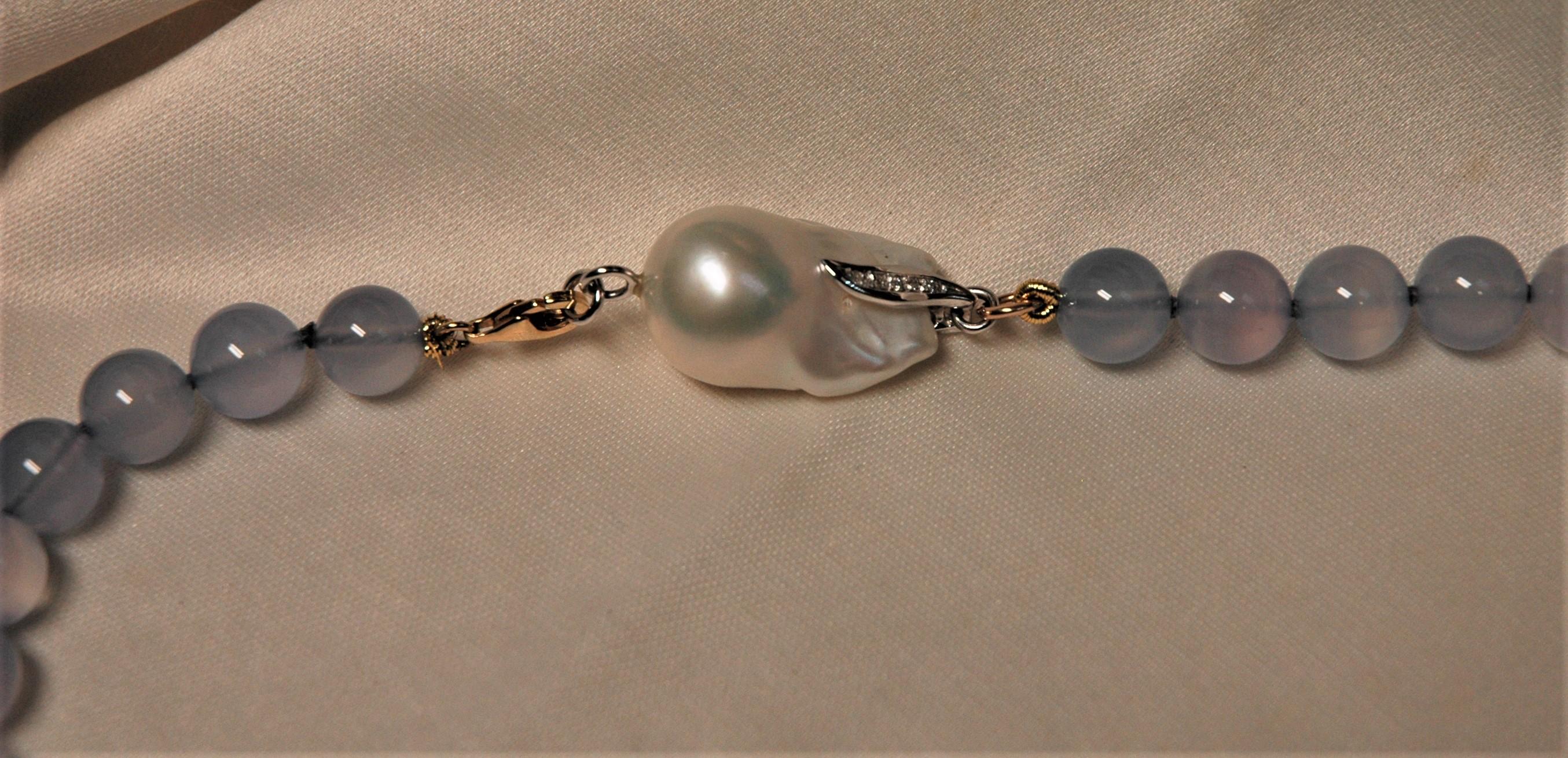 Round Cut 18 Kt Yellow and White Gold, Diamonds, Australian Pearl, Chalcedony Collier For Sale