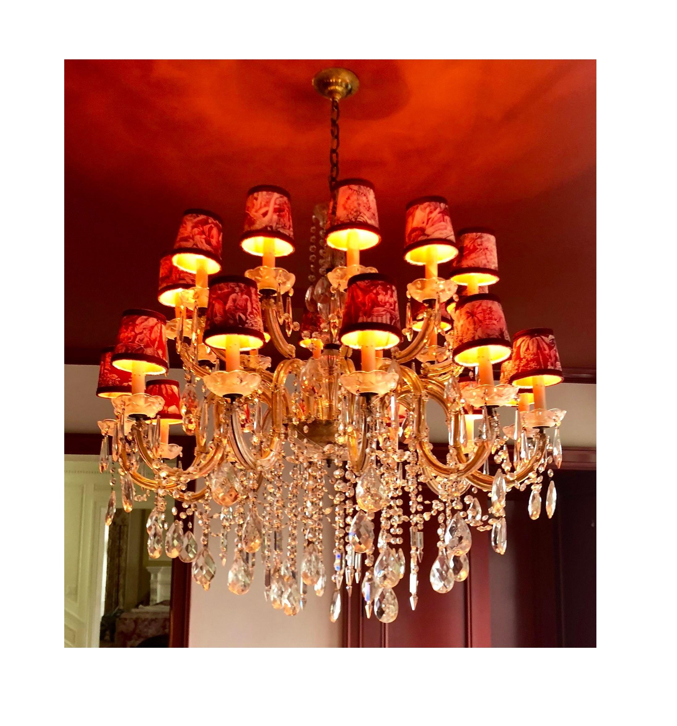 Louis XVI 24 Light French Crystal Chandelier with Manuel Canovas Toile Shades