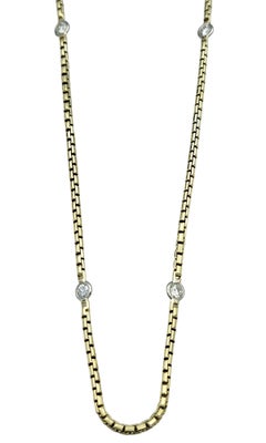 24" Long Box Chain Round Diamond Station Necklace in 14 Karat Yellow Gold