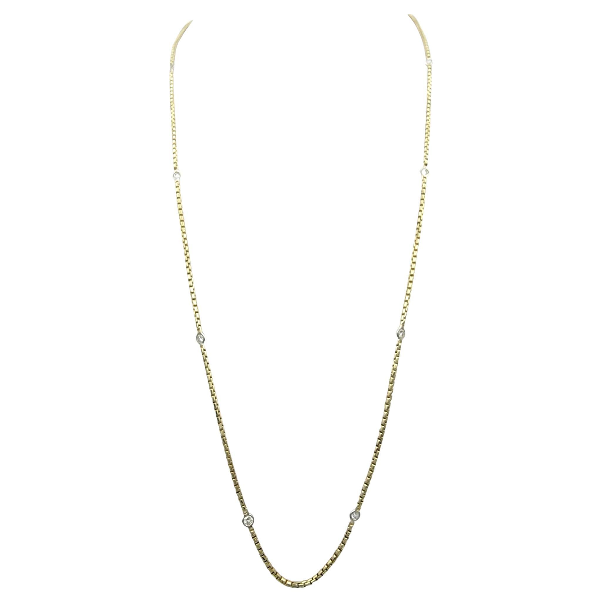 24" Long Box Chain Round Diamond Station Necklace in 14 Karat Yellow Gold