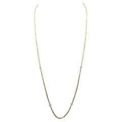 24" Long Box Chain Round Diamond Station Necklace in 14 Karat Yellow Gold