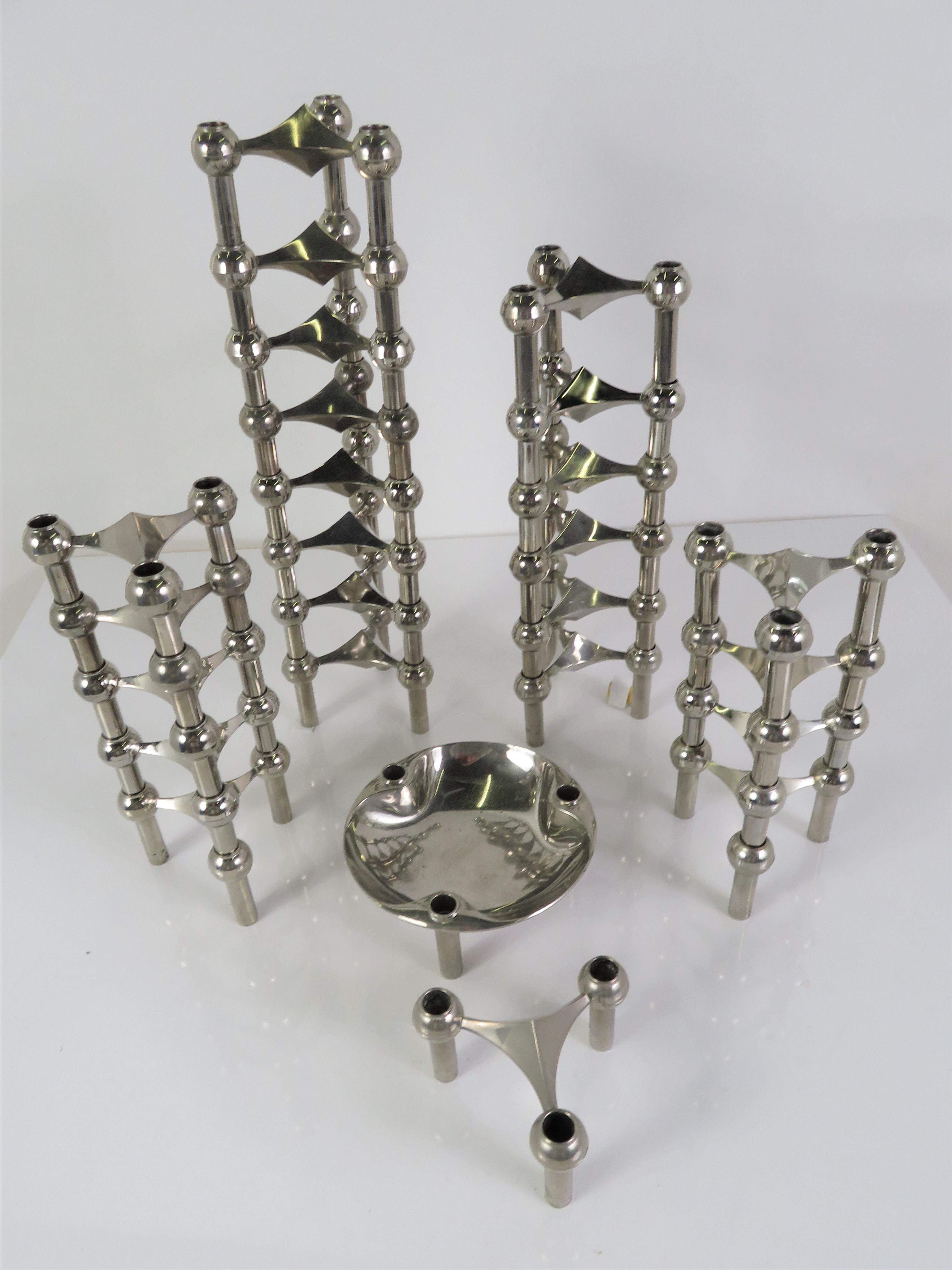 24 Modern Chrome Candleholders + Ashtray Bowl, Werner Stoff Nagel Germany 1960s For Sale 3