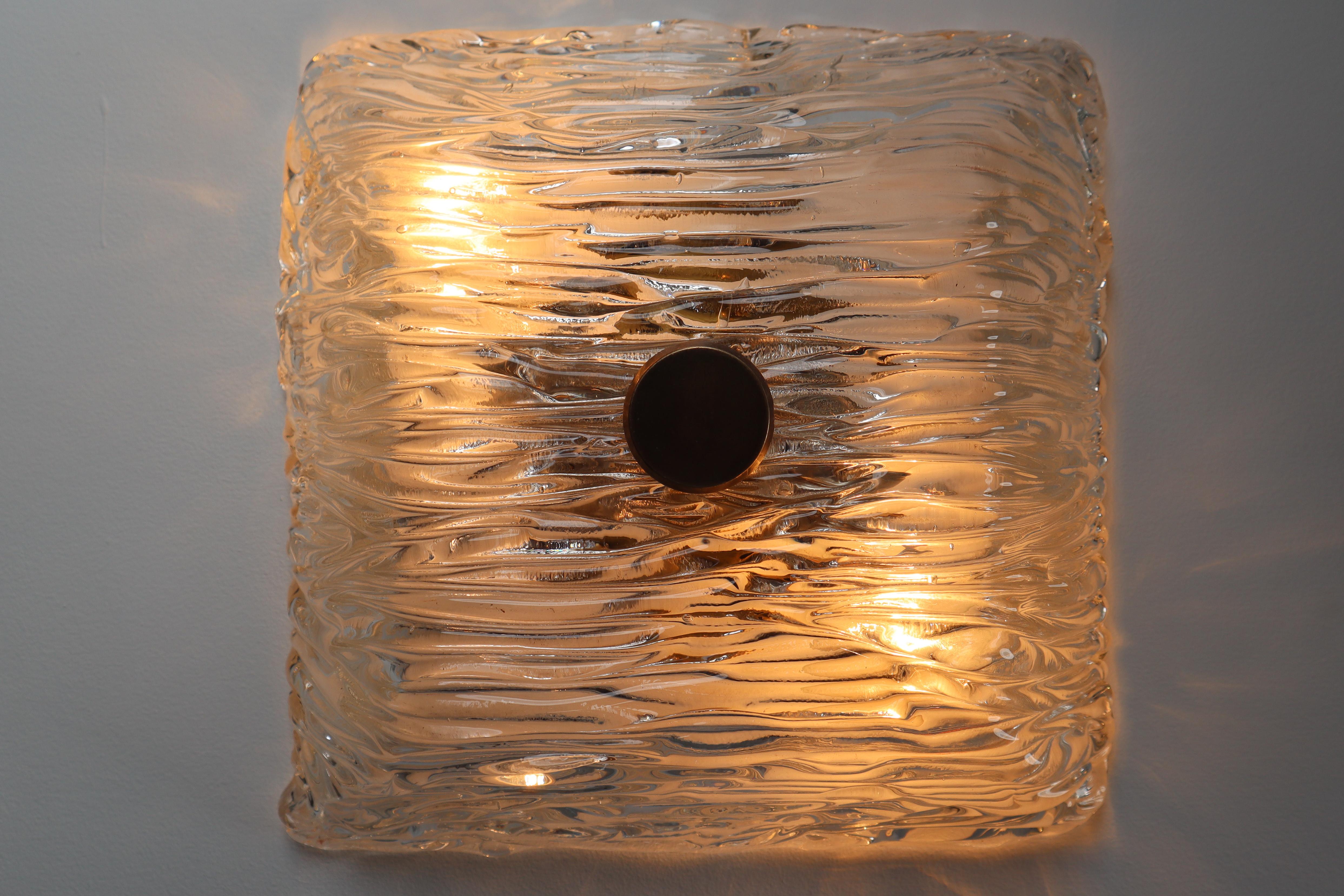 Brutalist  Modernist Textured Ice Glass Flushmounts or Wall Lights with Brass, 1960s