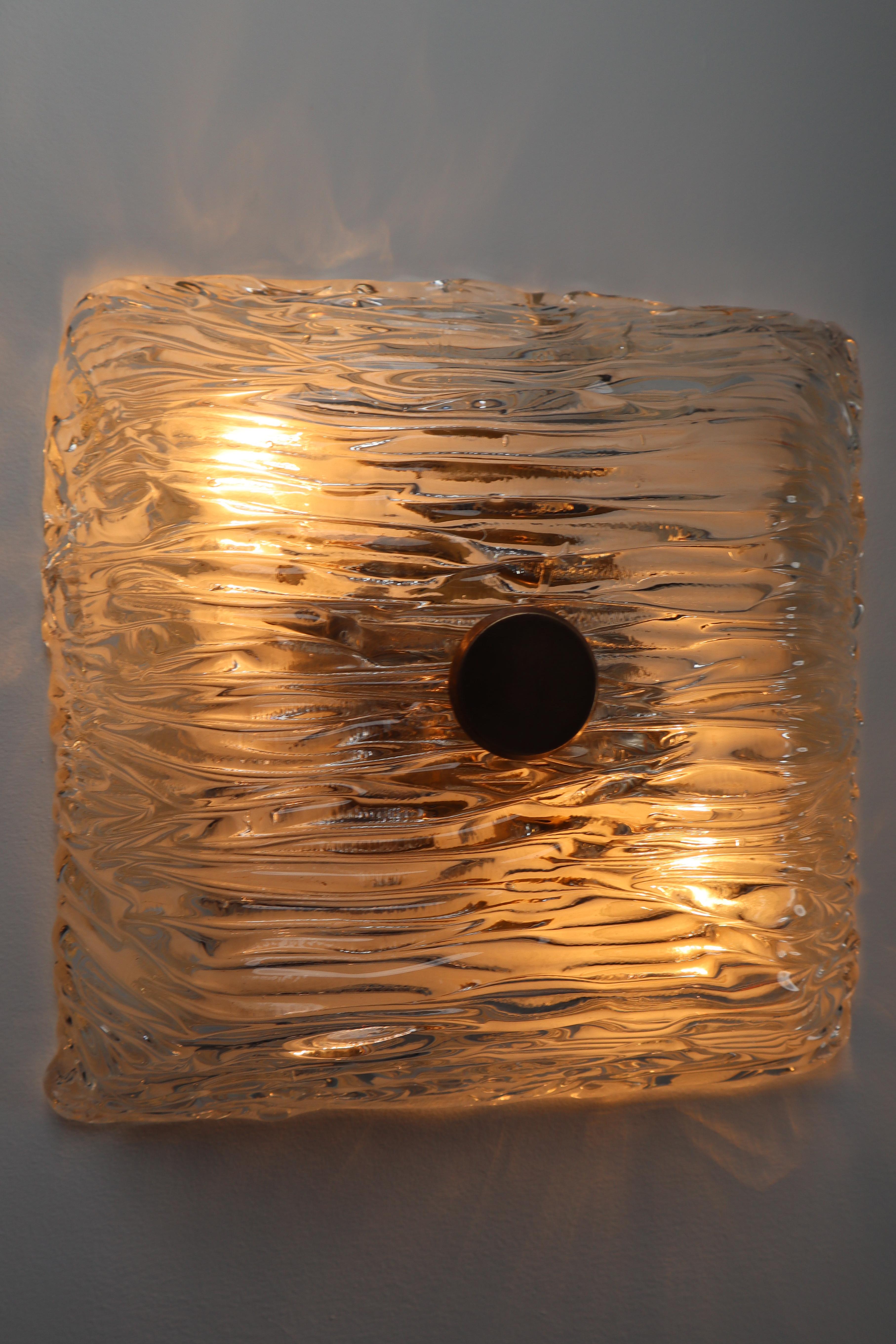 20th Century  Modernist Textured Ice Glass Flushmounts or Wall Lights with Brass, 1960s