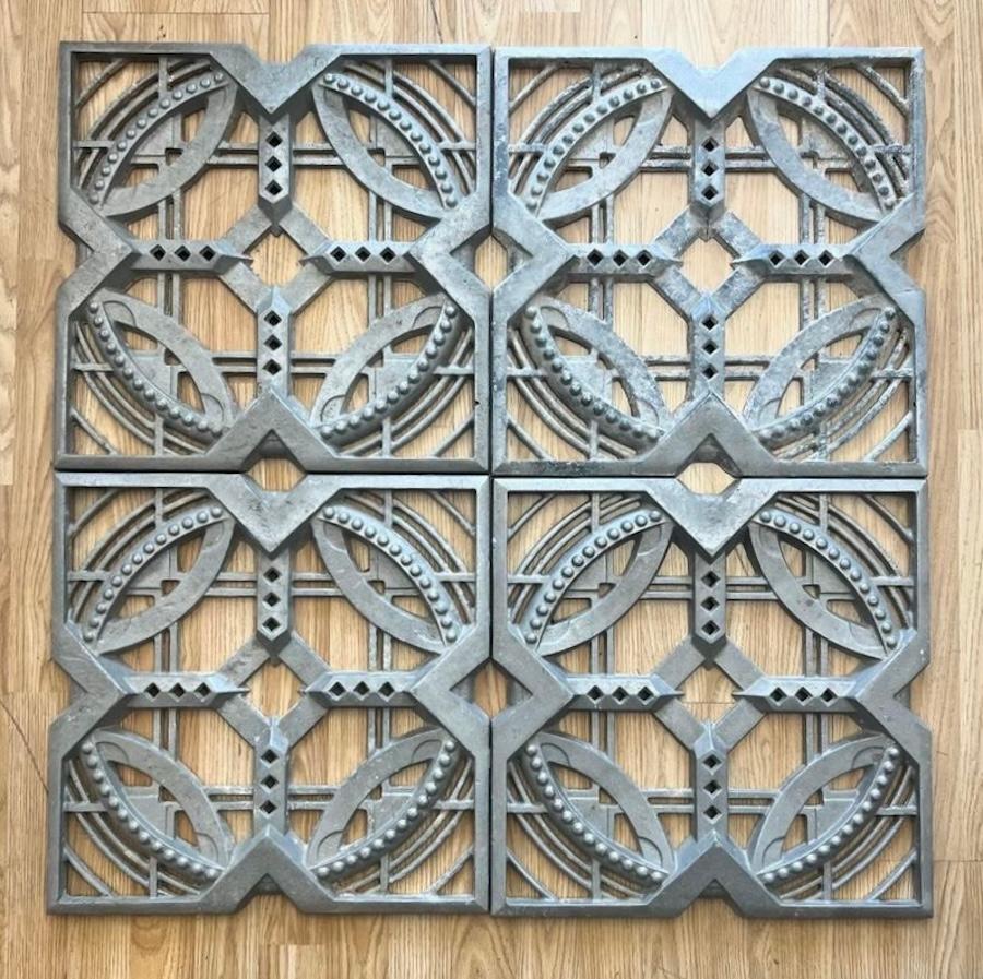 Vintage mid-century modern modular aluminum ornamental panels by architect John Dekoven Hill (American, b. 1920-1996). There are 24 aluminum architectural panels available. Provenance of the vintage aluminum panels were for the Hyde Park