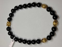 24 Natural Taiwan Black Round Jade and Gold Bead Necklace with Gold Clasp
