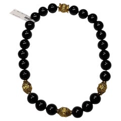 24 Natural Taiwan Black Round Jade and Gold Bead Necklace with Gold Clasp