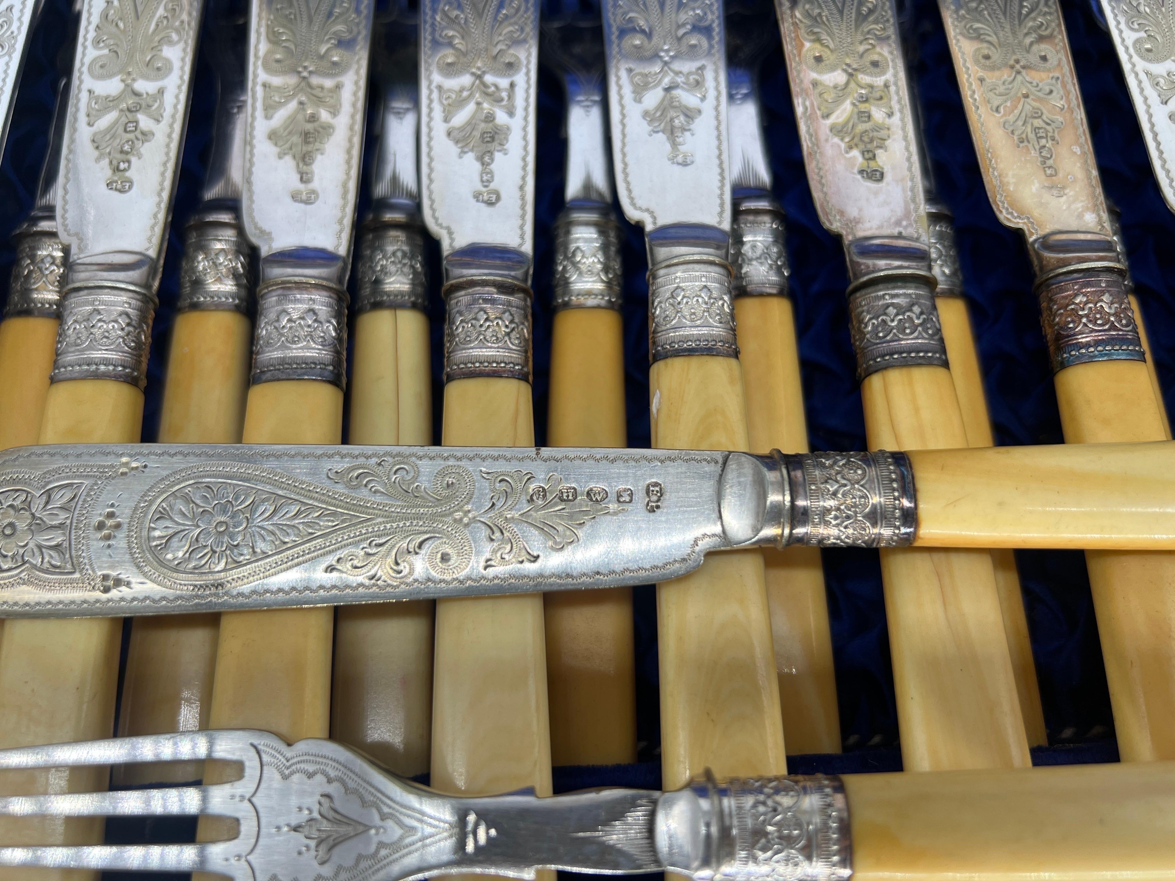 Edwardian 24 Pc., Cased Set of Engraved G.H. Whitaker Silver Fish or Dessert Service  For Sale