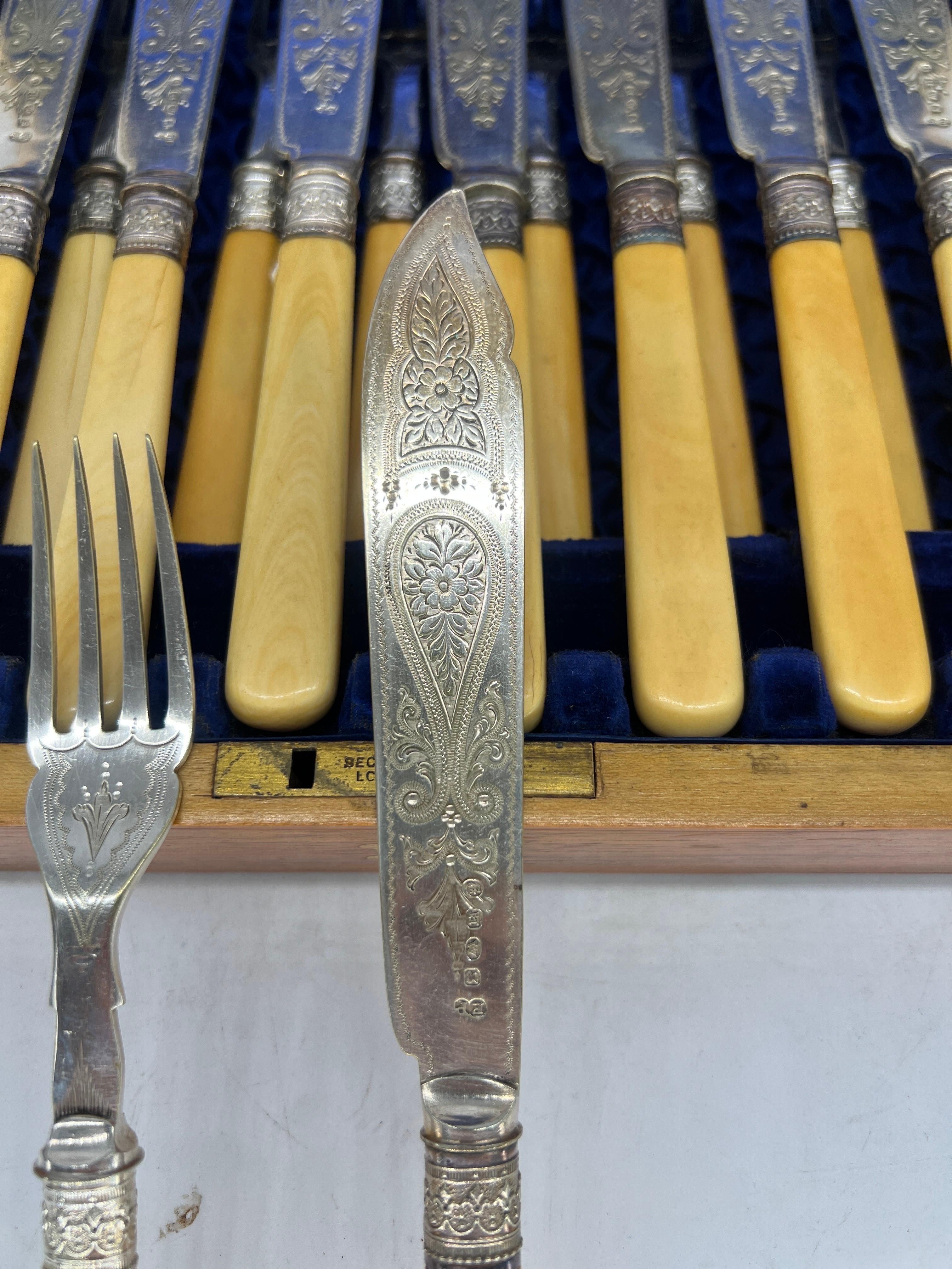 British 24 Pc., Cased Set of Engraved G.H. Whitaker Silver Fish or Dessert Service  For Sale
