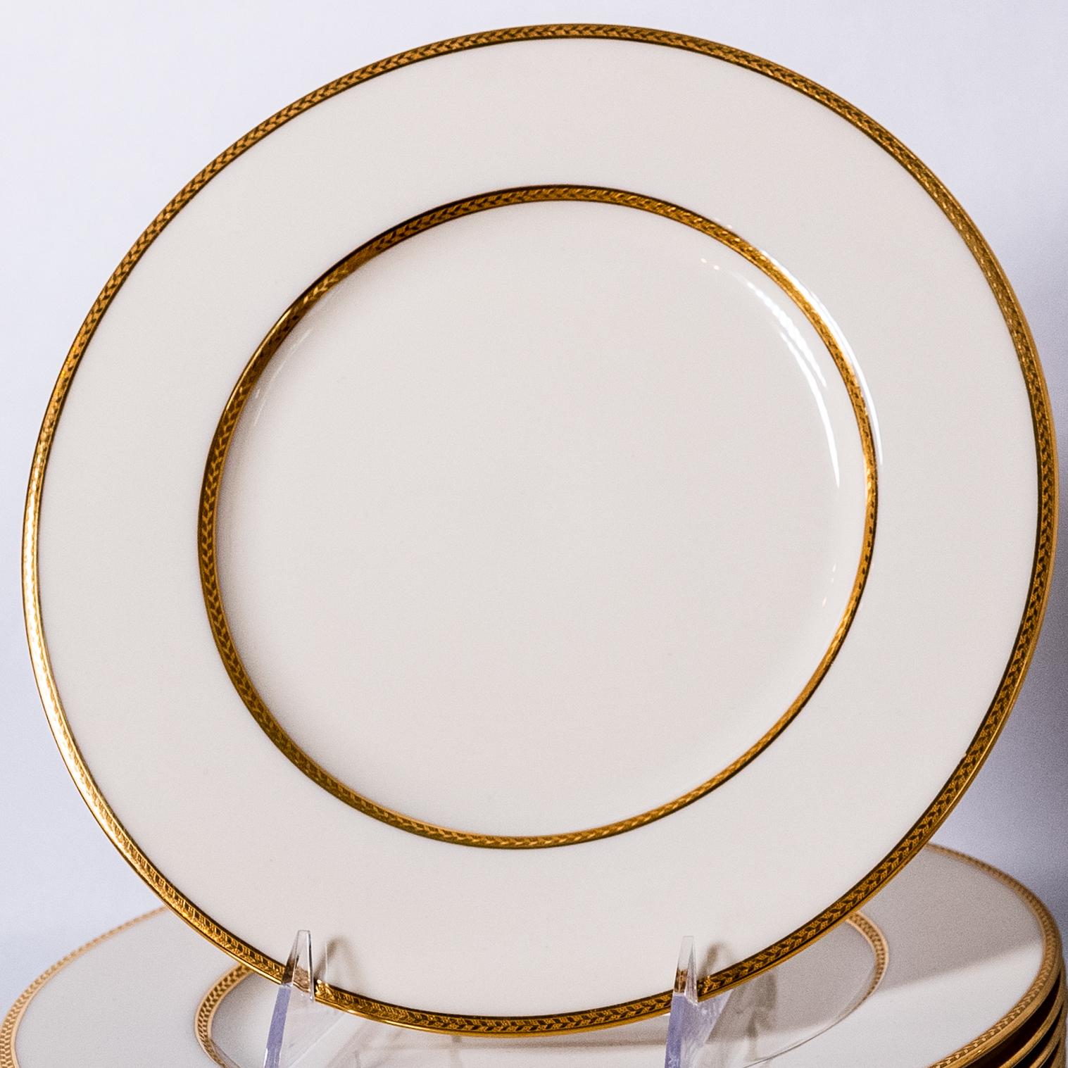 American 24 Piece Antique Lenox Dinner Set, 12 Dinner Plates 12 Side Plates, Gilt Banding