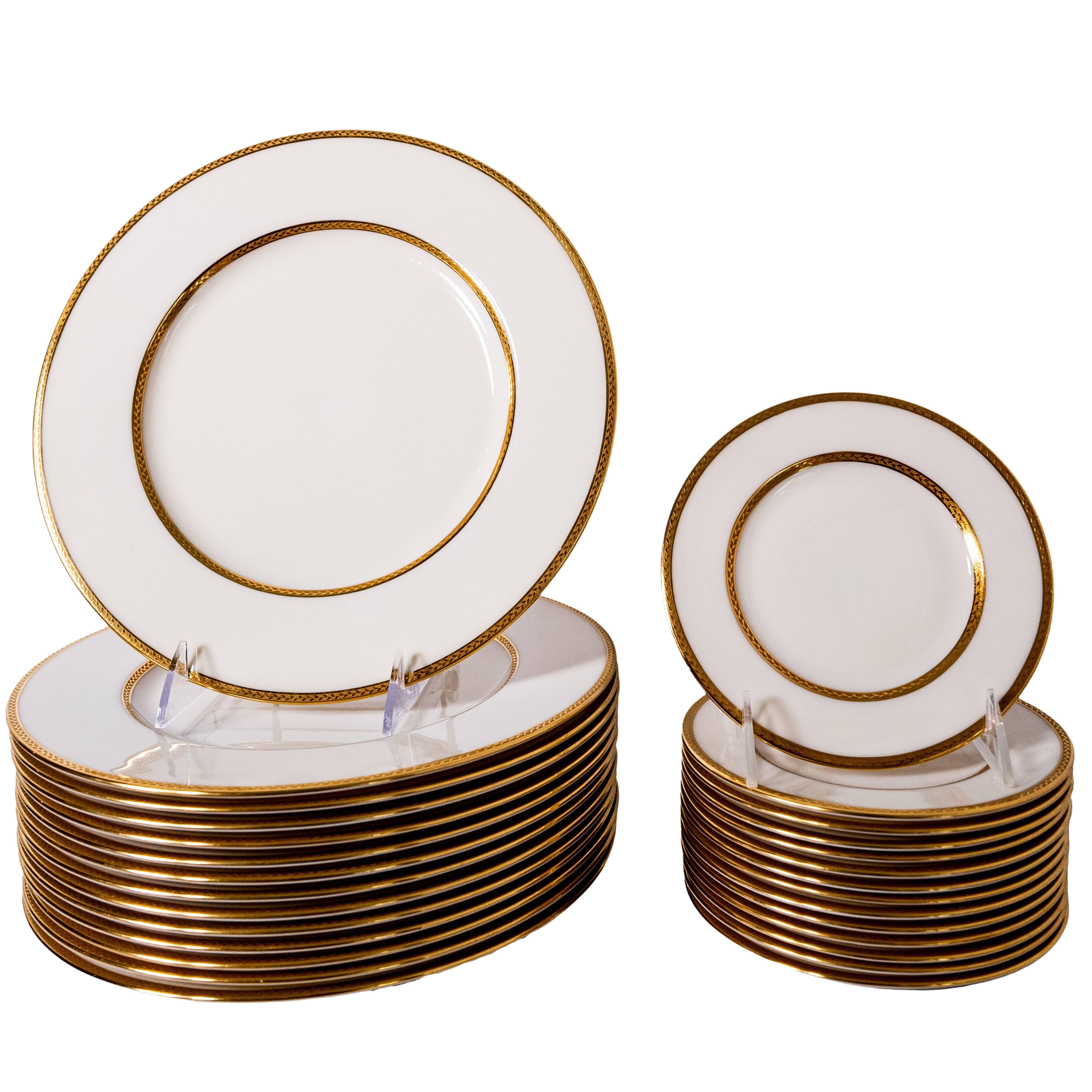 Gold 24 Piece Antique Lenox Dinner Set, 12 Dinner Plates 12 Side Plates, Gilt Banding
