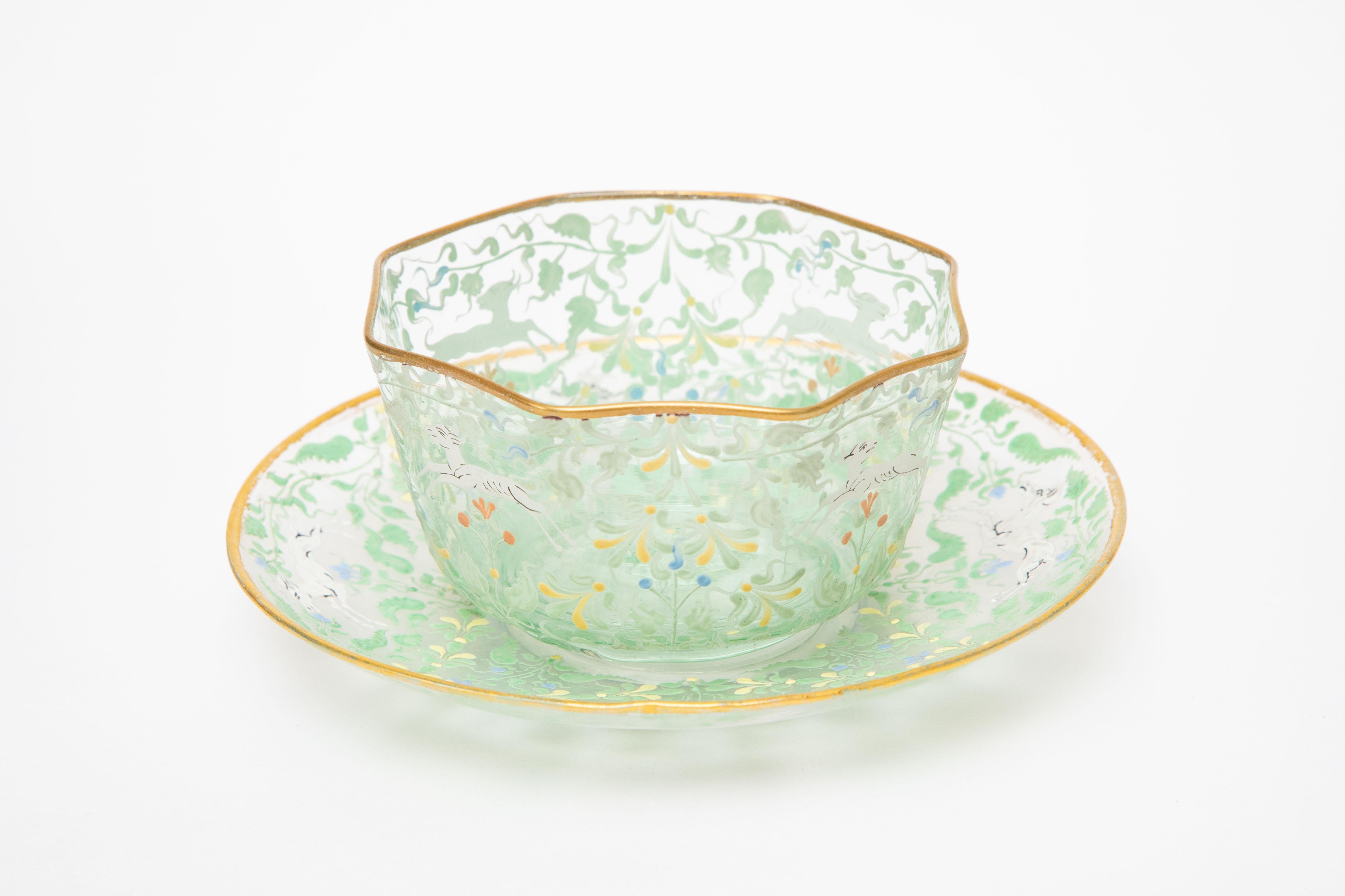 Italian 24 Piece Bowl & under Plate Antique Venetian Glass, circa 1890, Hand Enameled