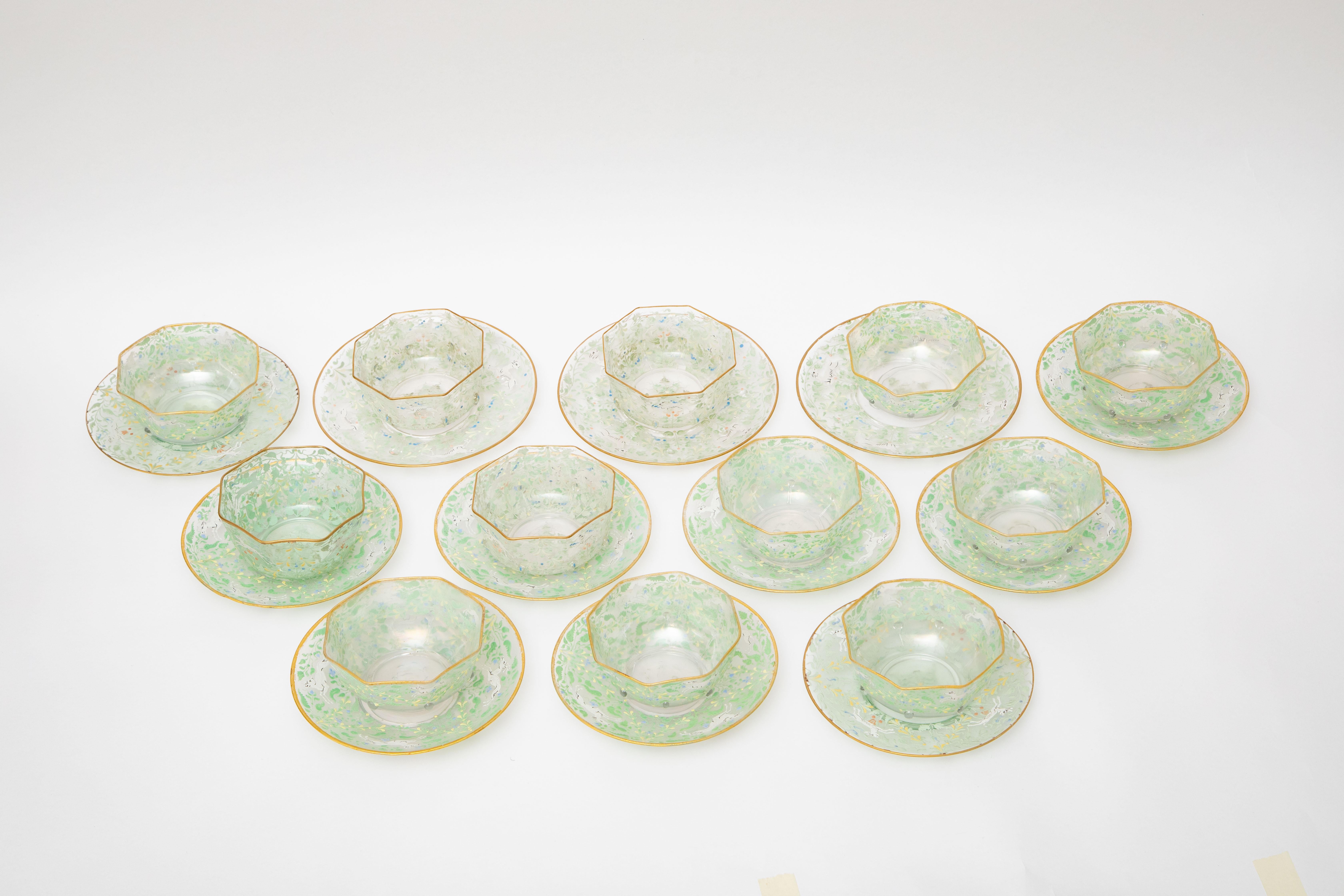 Hand-Crafted 24 Piece Bowl & under Plate Antique Venetian Glass, circa 1890, Hand Enameled
