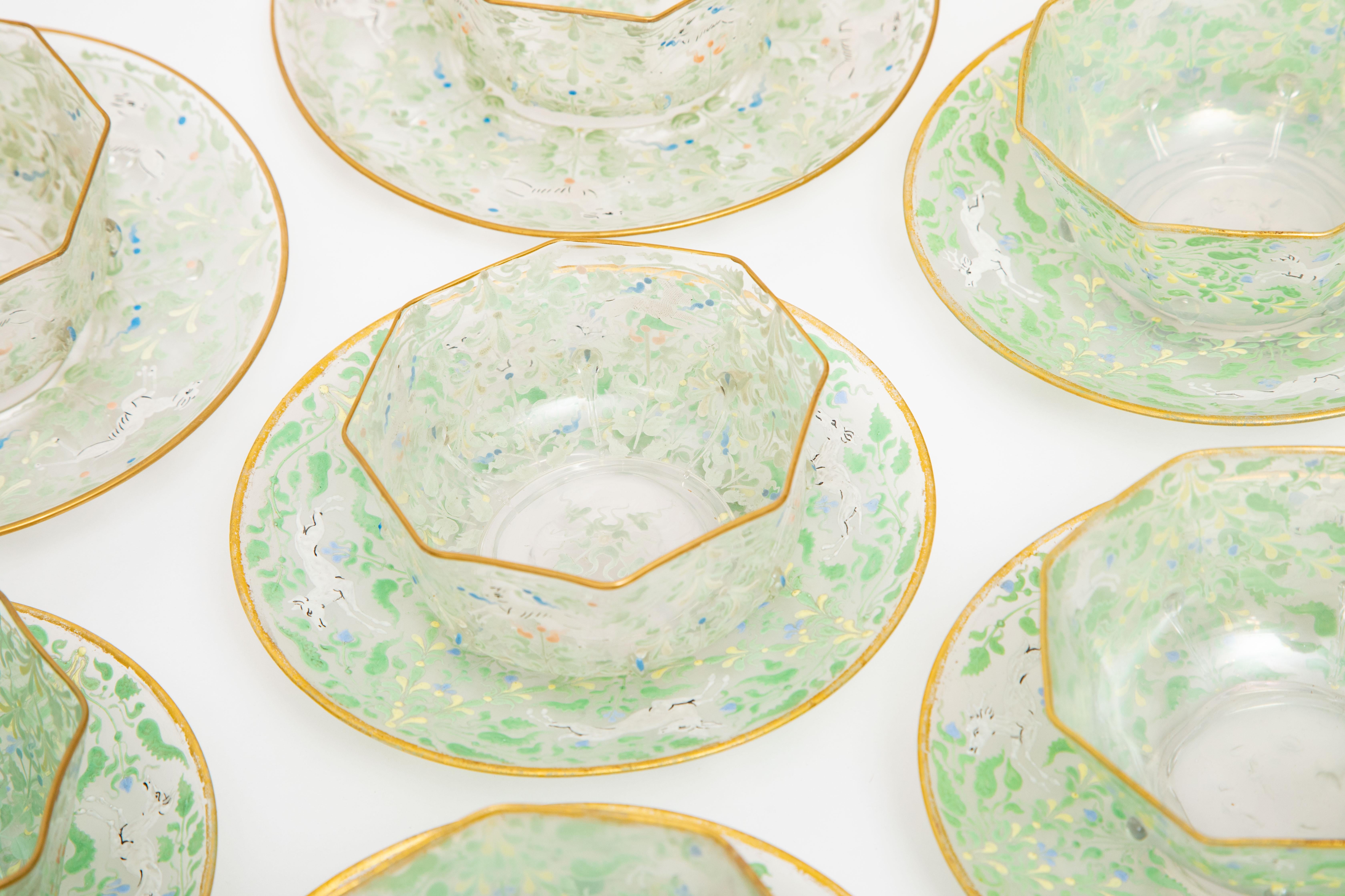 24 Piece Bowl & under Plate Antique Venetian Glass, circa 1890, Hand Enameled In Good Condition In West Palm Beach, FL