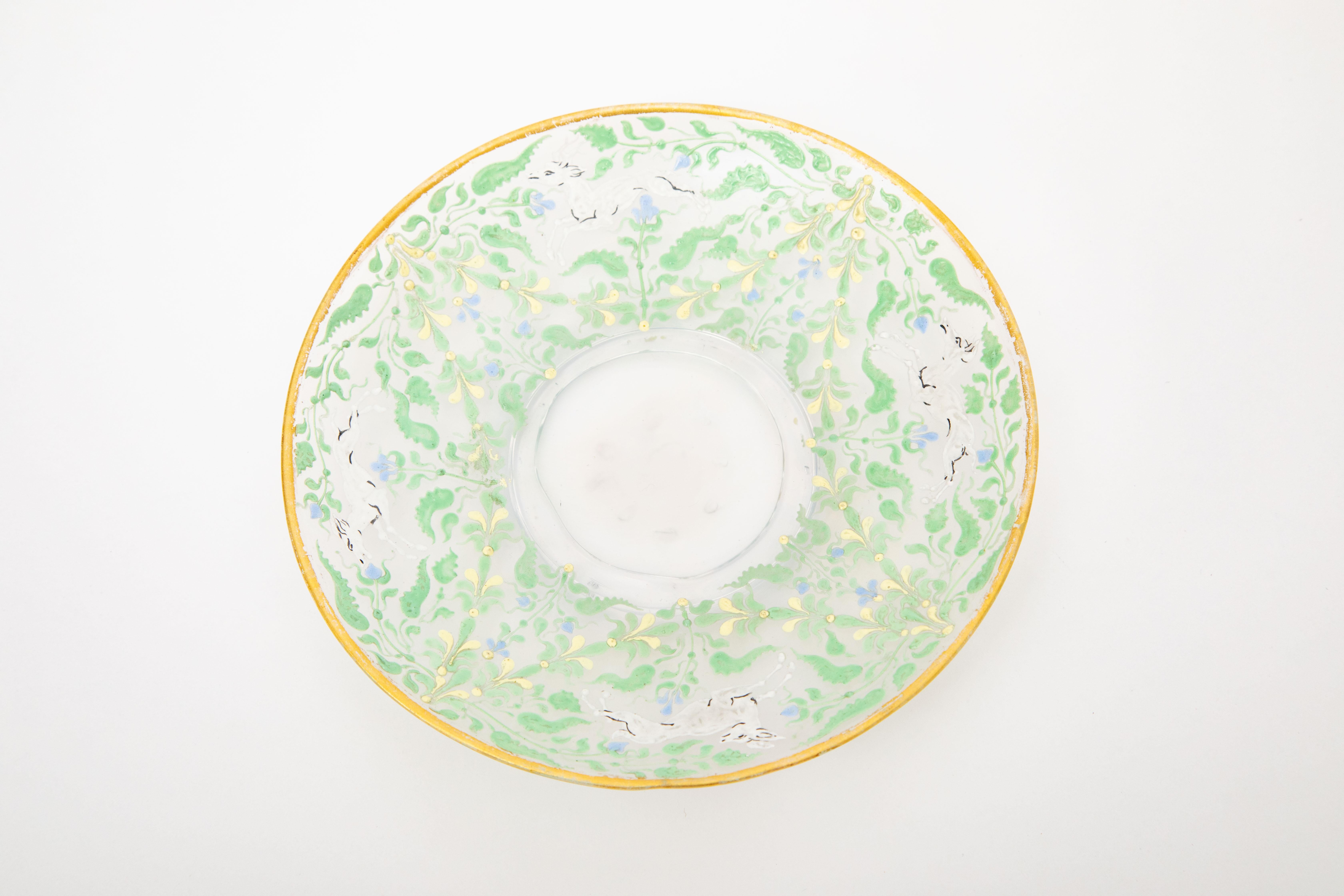 24 Piece Bowl & under Plate Antique Venetian Glass, circa 1890, Hand Enameled 1