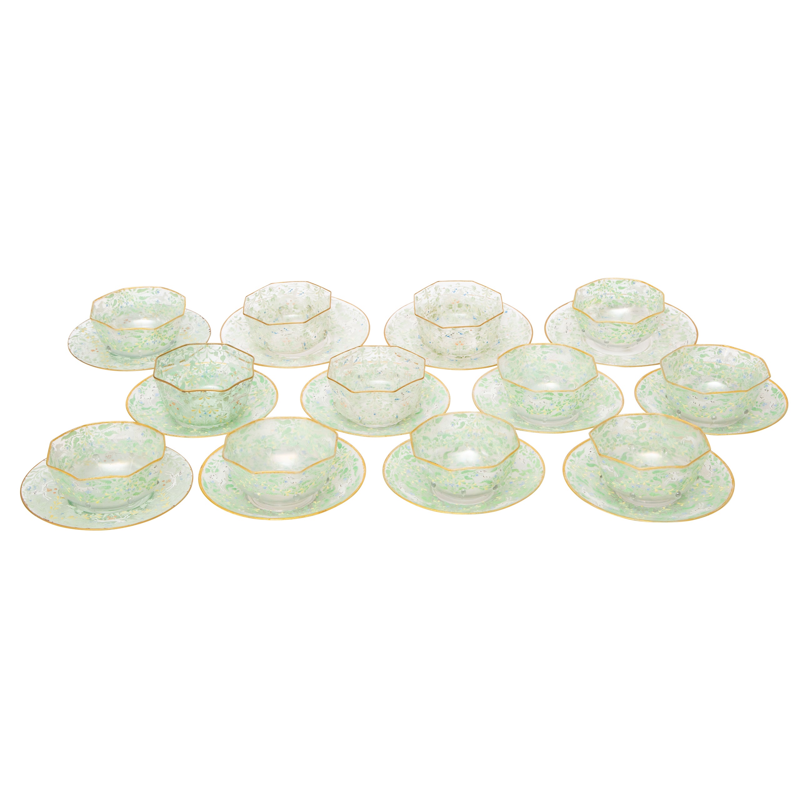 24 Piece Bowl 
under Plate Antique Venetian Glass, circa 1890, Hand Enameled