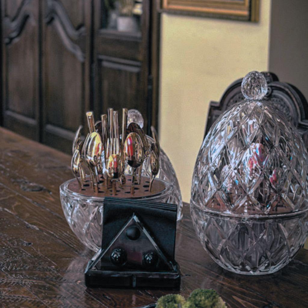 Modern 24-piece Silverware Set in Crystal Glass Egg Case L’ambrosia 24-piece Silverware For Sale