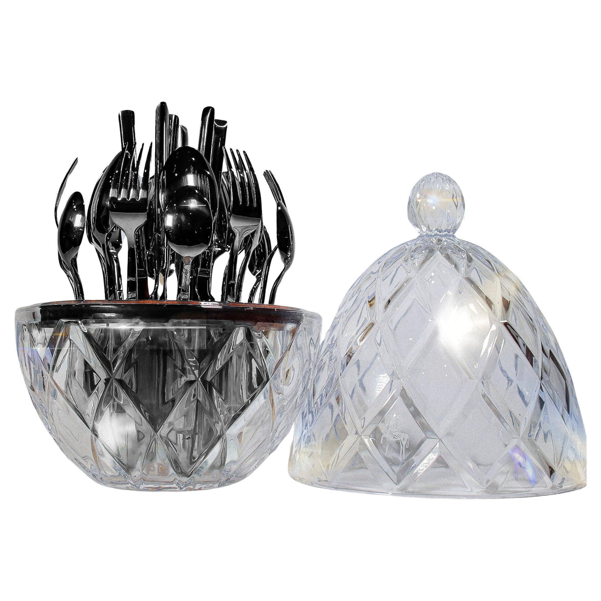 24-piece Silverware Set in Crystal Glass Egg Case L’ambrosia 24-piece Silverware For Sale