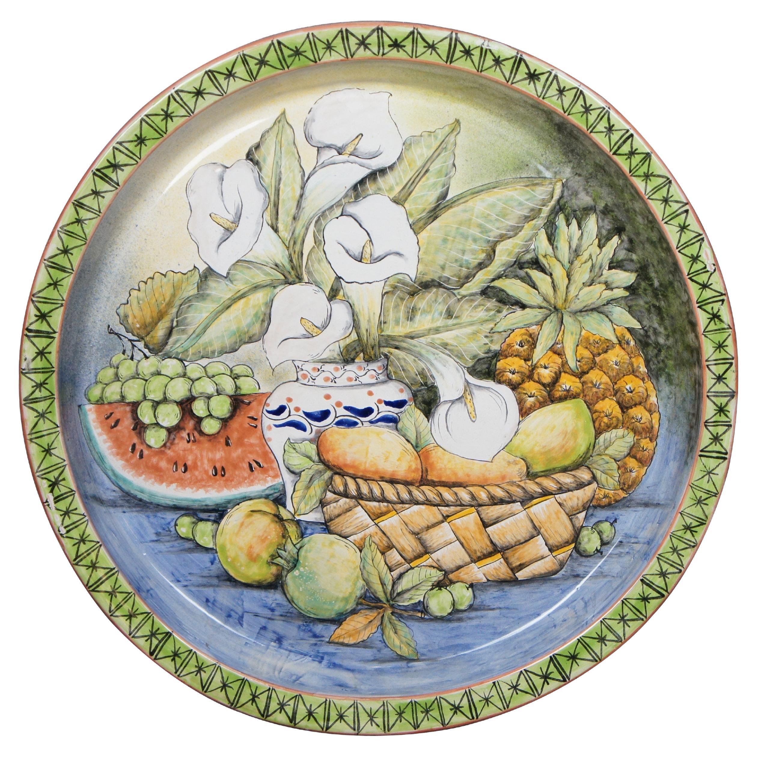 24" Polychrome Ceramic Painted Mexican Majolica Art Pottery Wall Plate Charger For Sale