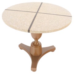 24" Round Terrazzo Brass Strip Cross Inlay Top Urn Shape Tripod Base Side Table
