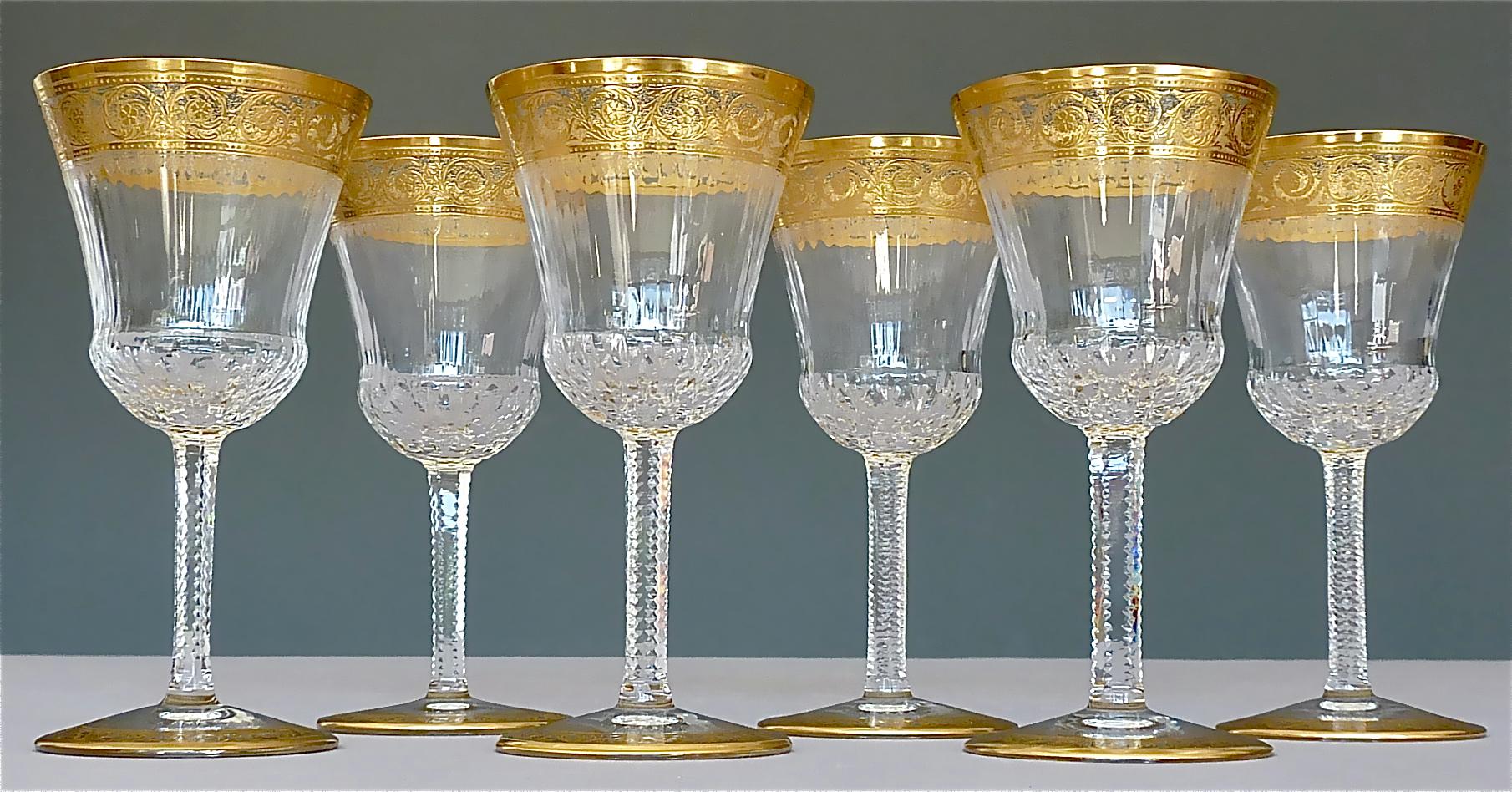 24 Saint Louis Gilt Crystal Champagne Red White Wine Water Glasses Thistle 1950s 4