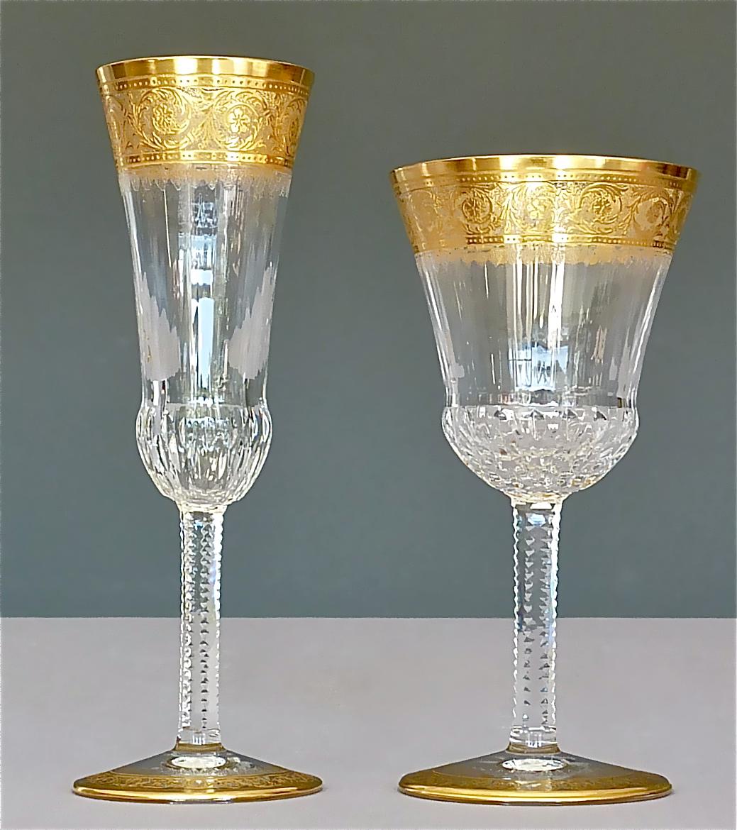 24 Saint Louis Gilt Crystal Champagne Red White Wine Water Glasses Thistle 1950s 8
