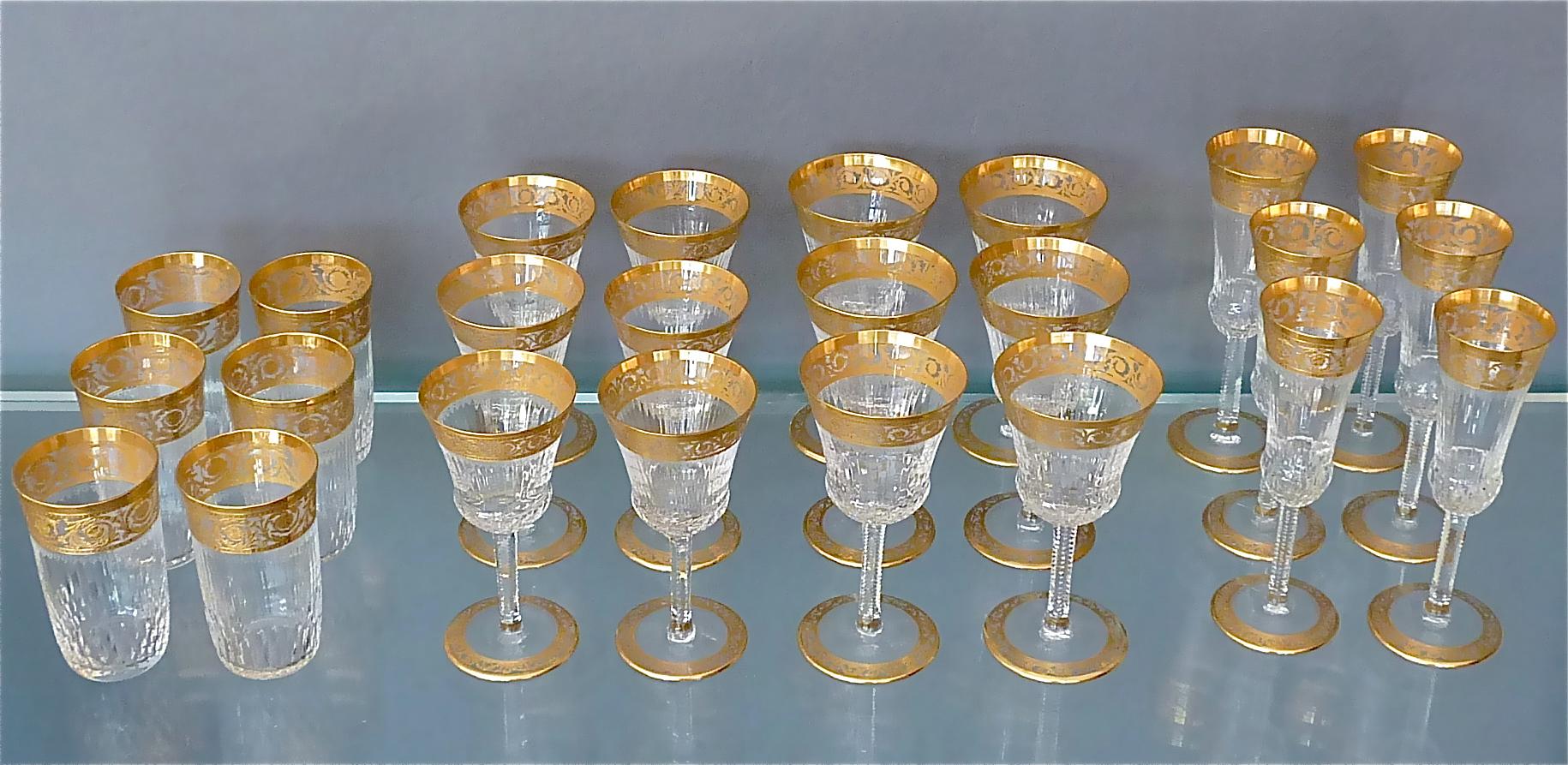 24 Saint Louis Gilt Crystal Champagne Red White Wine Water Glasses Thistle 1950s 10
