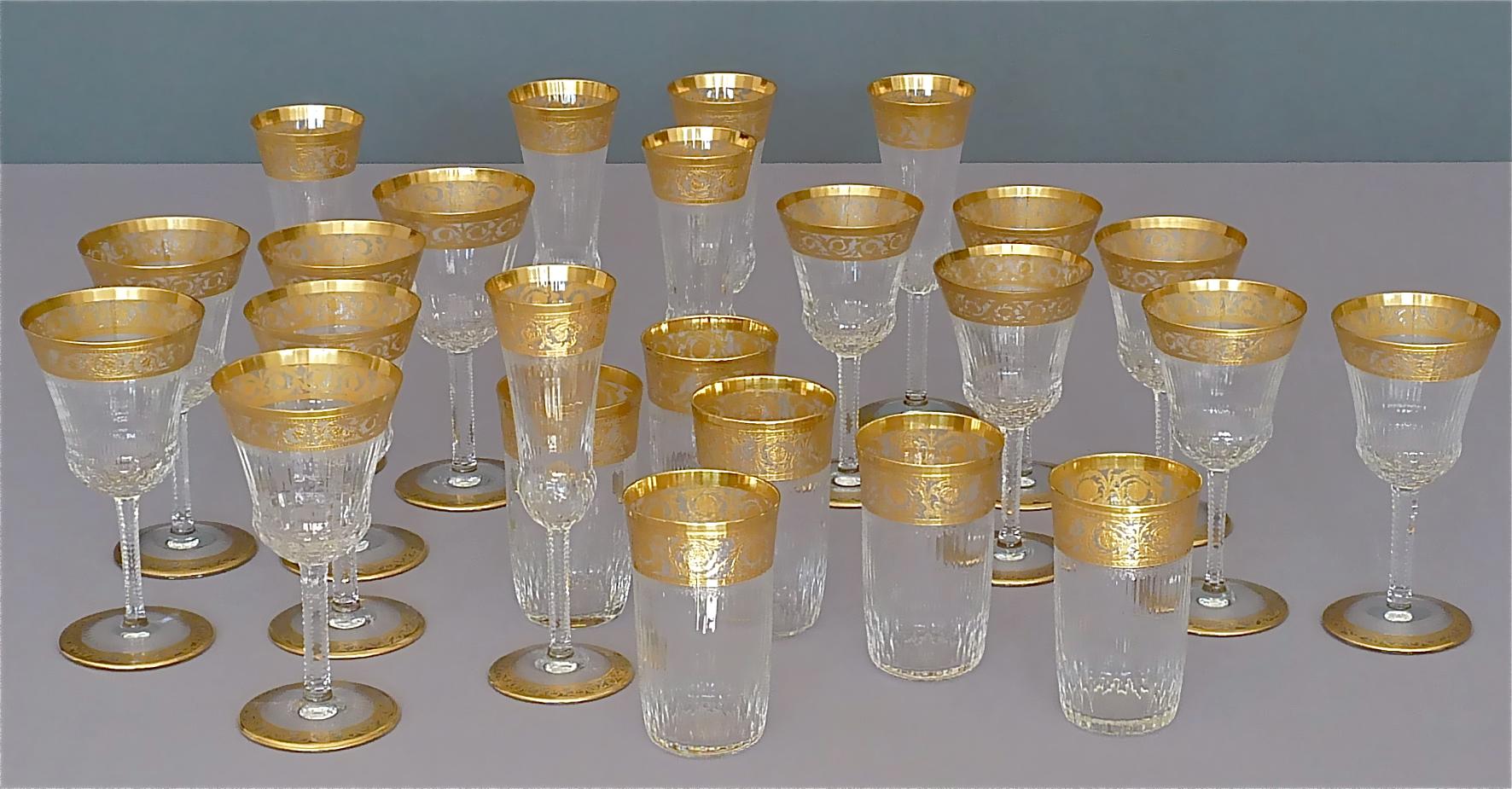 Hollywood Regency 24 Saint Louis Gilt Crystal Champagne Red White Wine Water Glasses Thistle 1950s