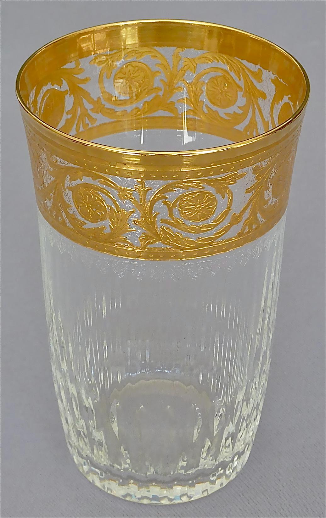 Hollywood Regency 24 Saint Louis Gilt Crystal Champagne Red White Wine Water Glasses Thistle 1950s